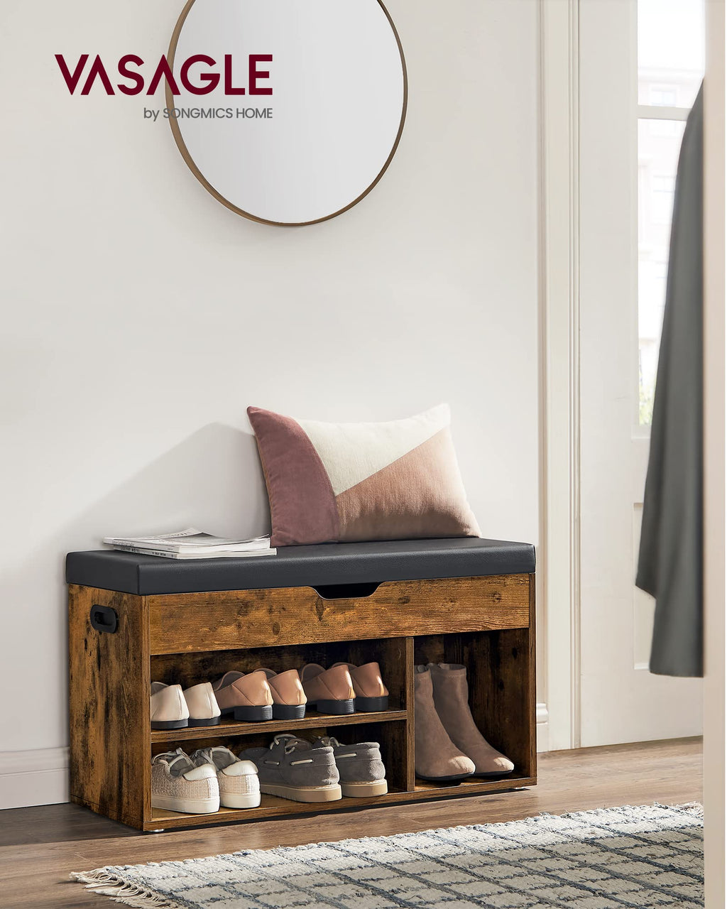 VASAGLE Shoe Bench with Padded Seat and Hidden Storage – Rustic Brown