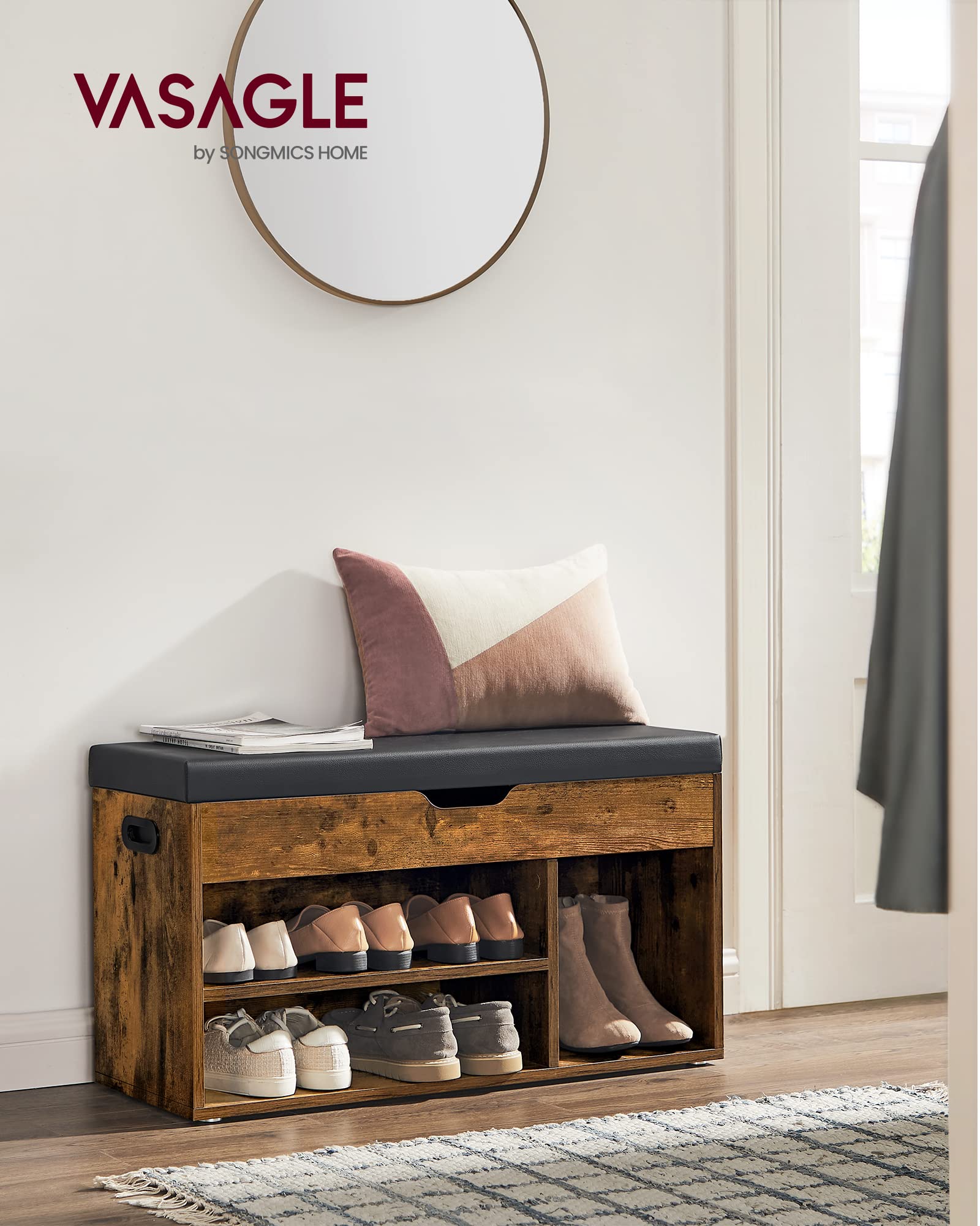 VASAGLE Shoe Bench with Padded Seat and Hidden Storage – Rustic Brown