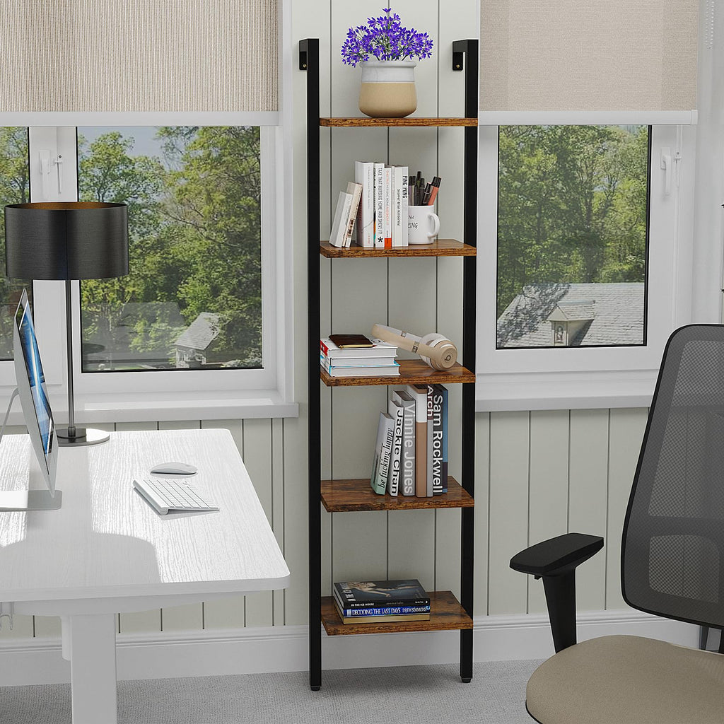 YMYNY 5-Tier Wall Mounted Ladder Shelf – Industrial Metal Bookcase Rack
