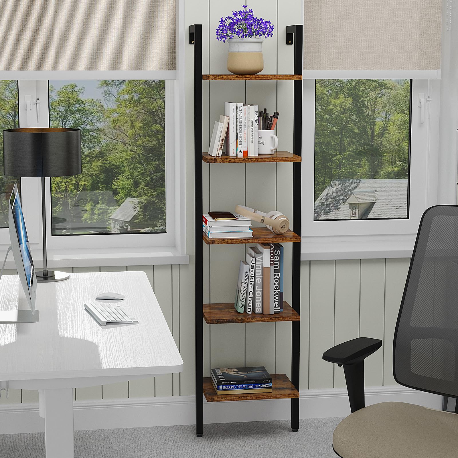 YMYNY 5-Tier Wall Mounted Ladder Shelf – Industrial Metal Bookcase Rack
