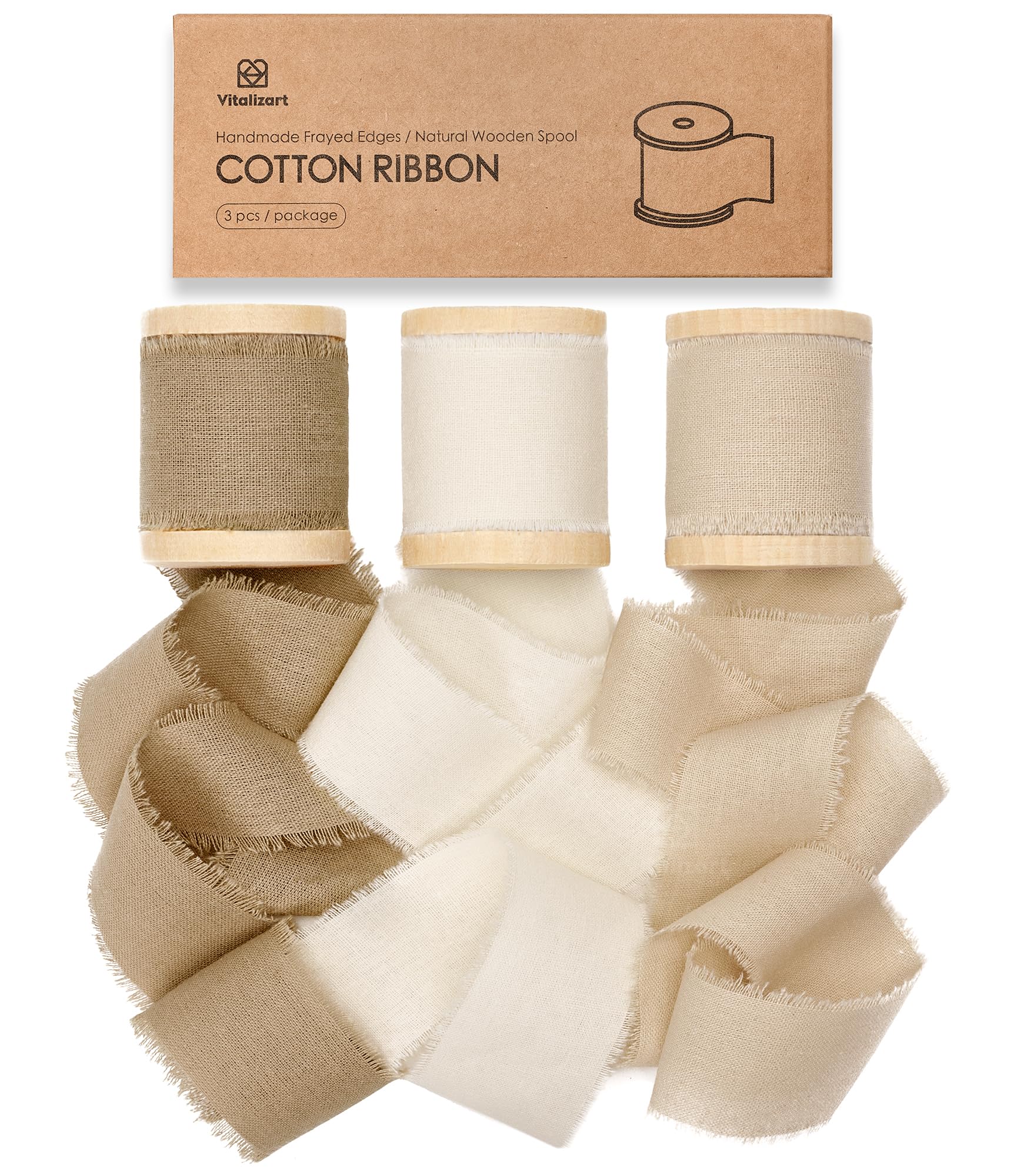 Vitalizart 100% Cotton Frayed Fringe Ribbon - 3 Rolls, Brown & Beige