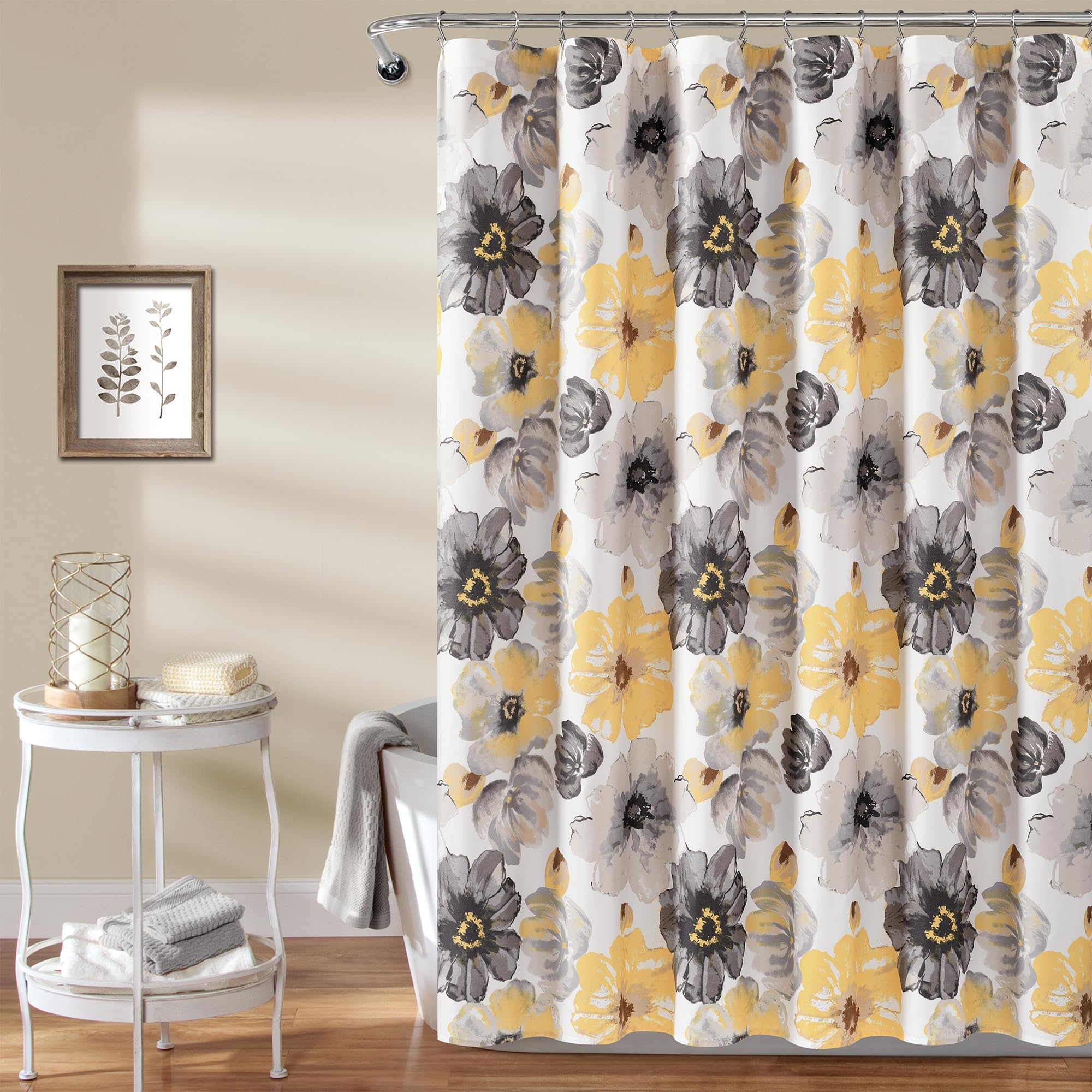 Lush Decor Leah Floral Shower Curtain | Yellow & Gray Microfiber, 72 x 84