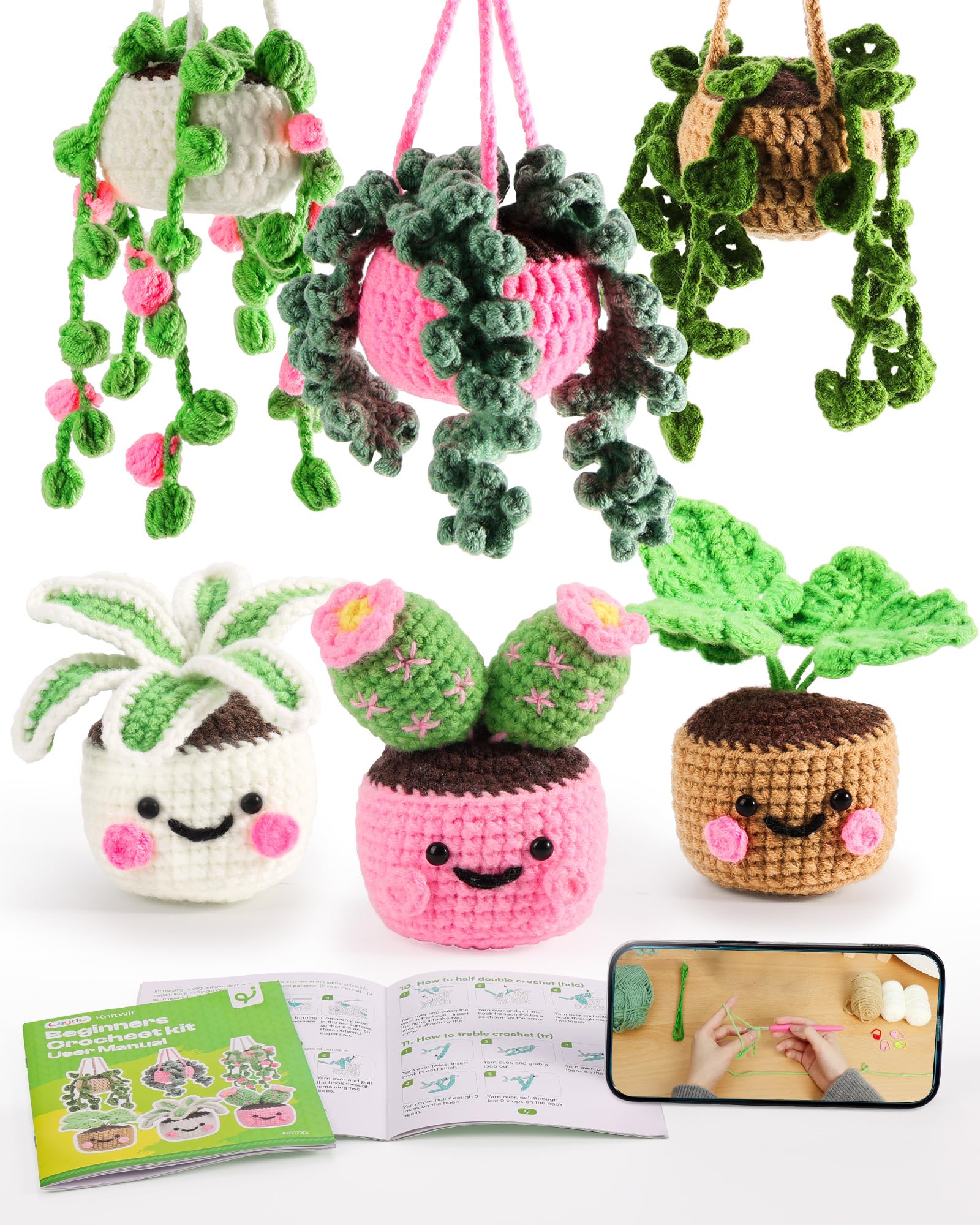 Caydo Crochet Kit for Beginners | Potted Hanging Plants Craft Set