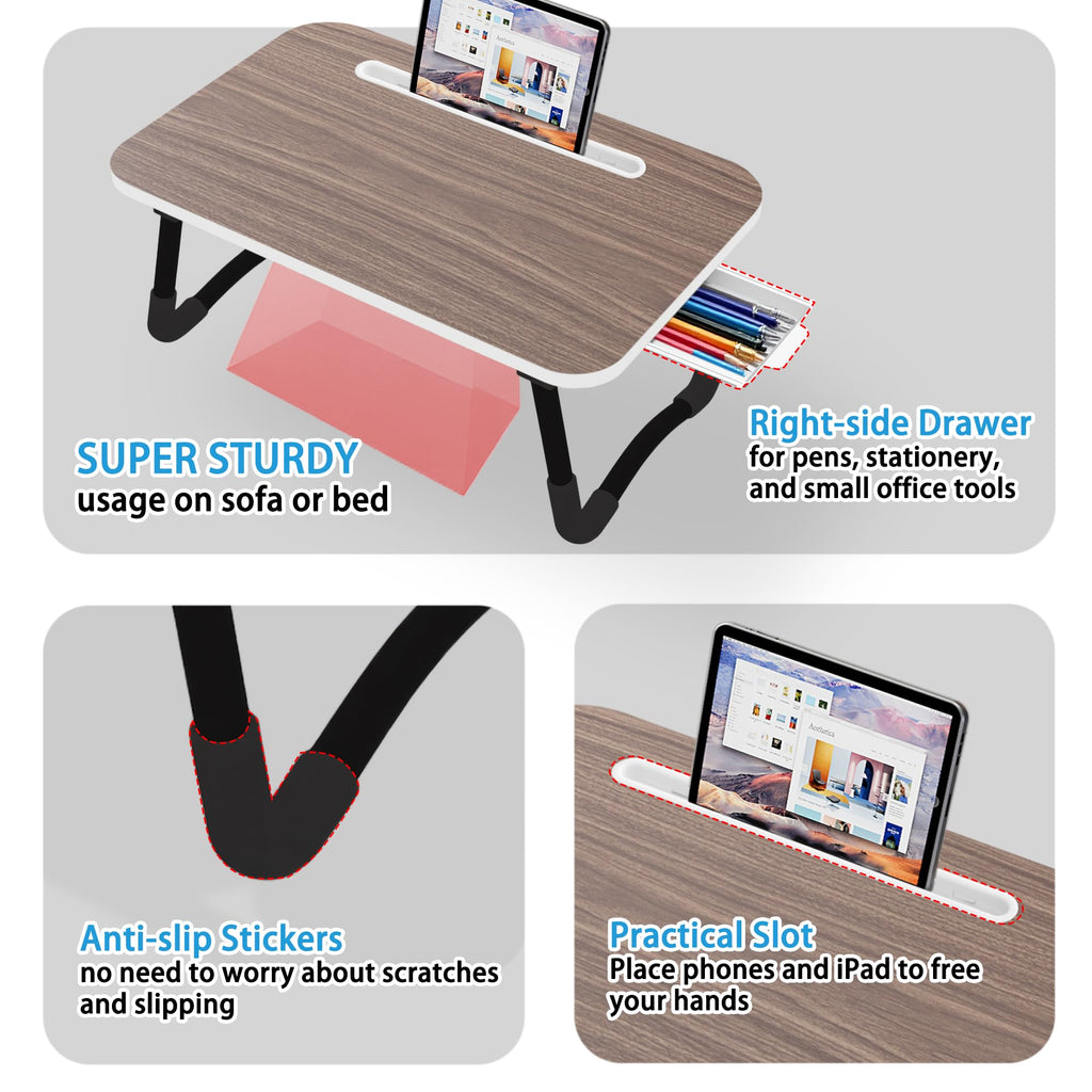 Small Lap Desk，Laptop Bed Desk 48 x30 cm for Breakfast in Bed, Work and Study, Home Office, Laptop Stand for Sofa、Couch、Bed, Small Brown 48x30
