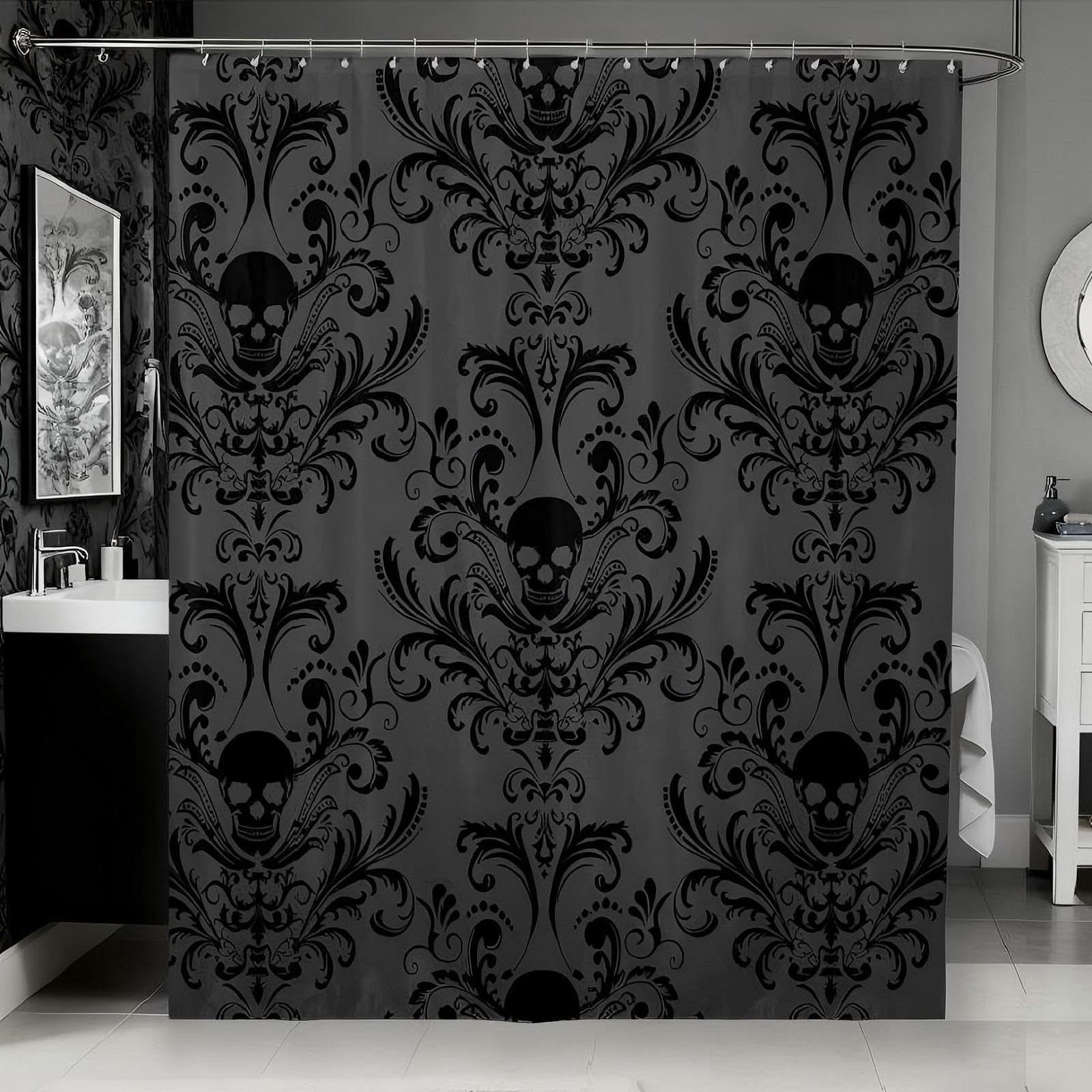 Jolof Store Gothic Sugar Skull Shower Curtain – Black Damask Floral Fabric