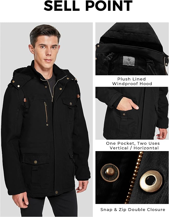 WenVen Men's Winter Parka – Thick Fleece Lined Hooded Military Jacket