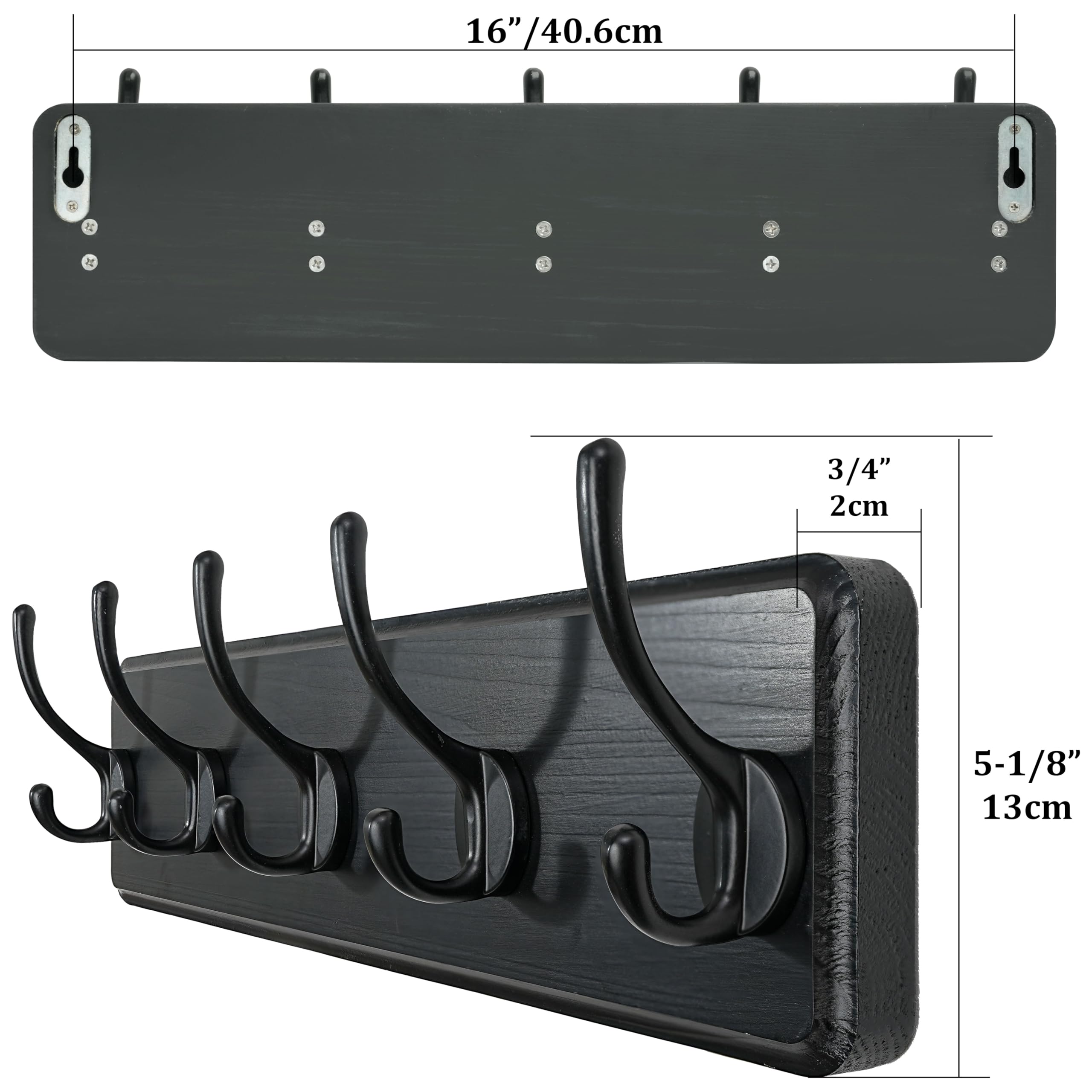 WEBI Solid Wood Wall Mounted Coat Rack – 5 Hooks, Rustic Black, 2 Pack