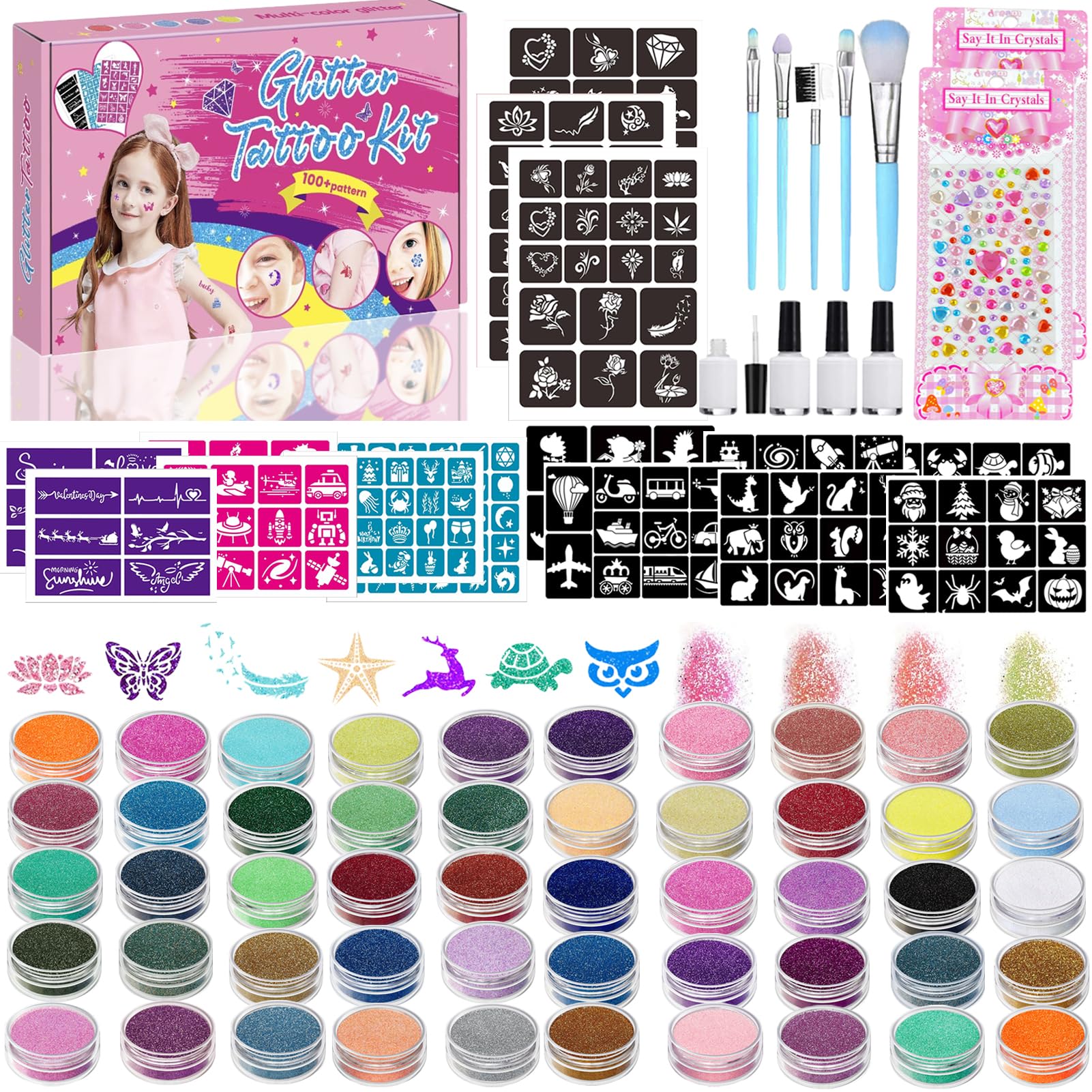 TEUVO Glitter Tattoo Kit for Kids - 50 Colors with 199 Stencils & Rhinestones