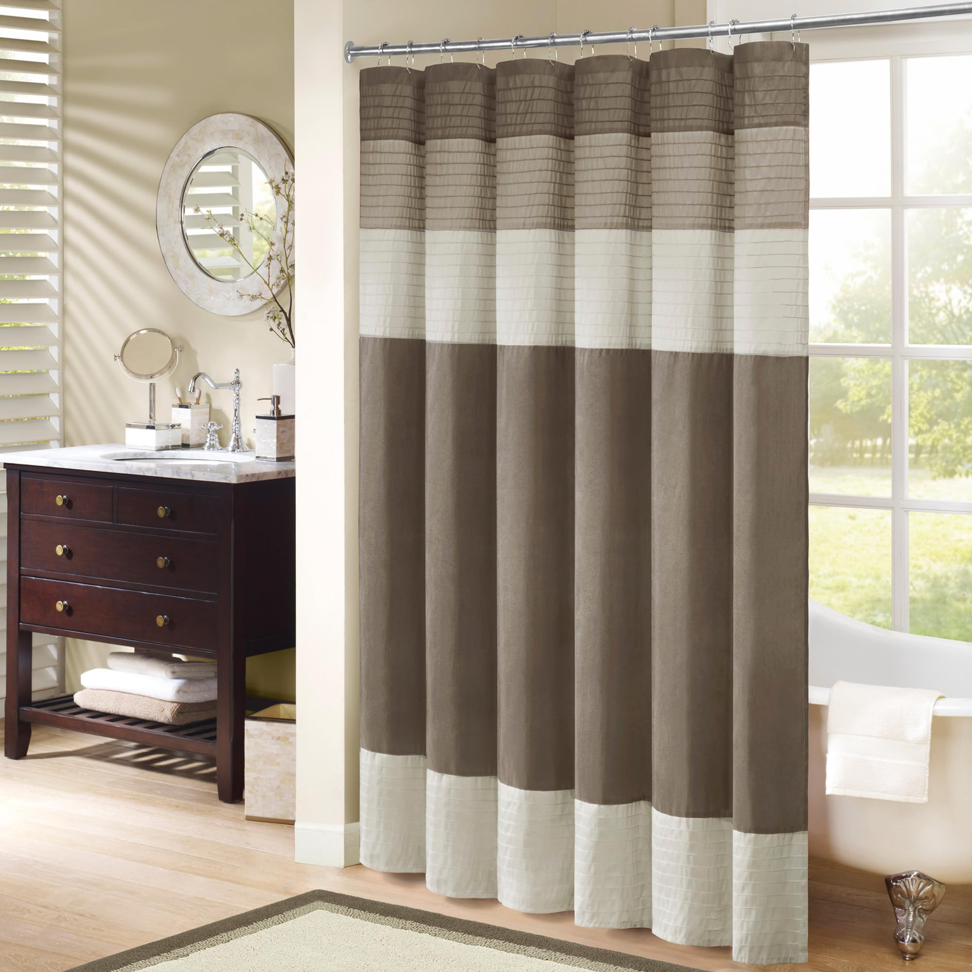 Madison Park Amherst Faux Silk Shower Curtain – Pleated Modern Natural