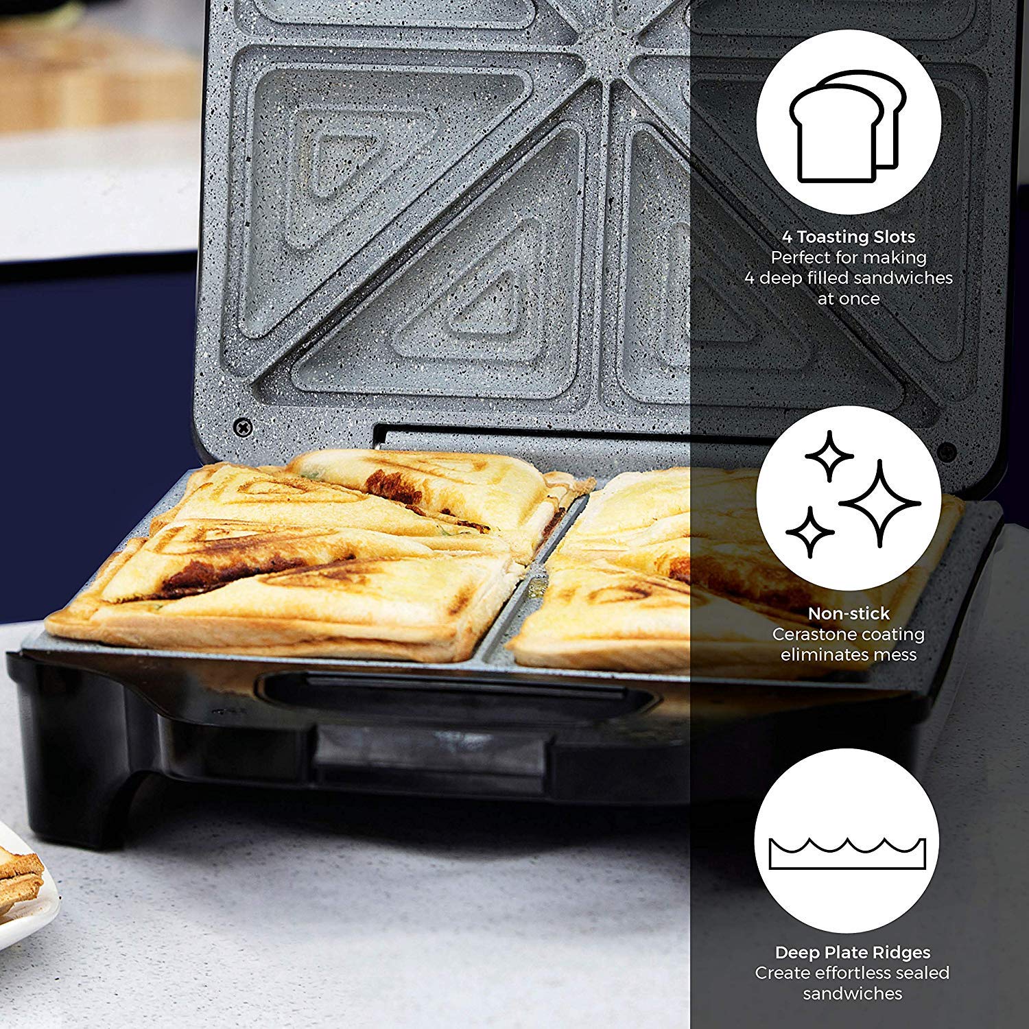 Tower T27021 4 Slice Deep Fill Sandwich Maker | 1600W Non-Stick - Black