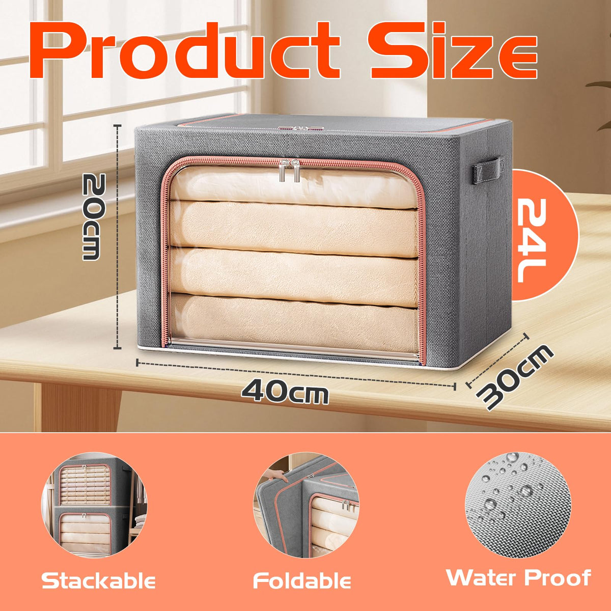 Storage Boxes Organiser, 24L Clothes Storage Boxes with Metal Frame＆Top and Front Opening Zip with Clear Window,Fabric Foldable Storage Boxes - image 2