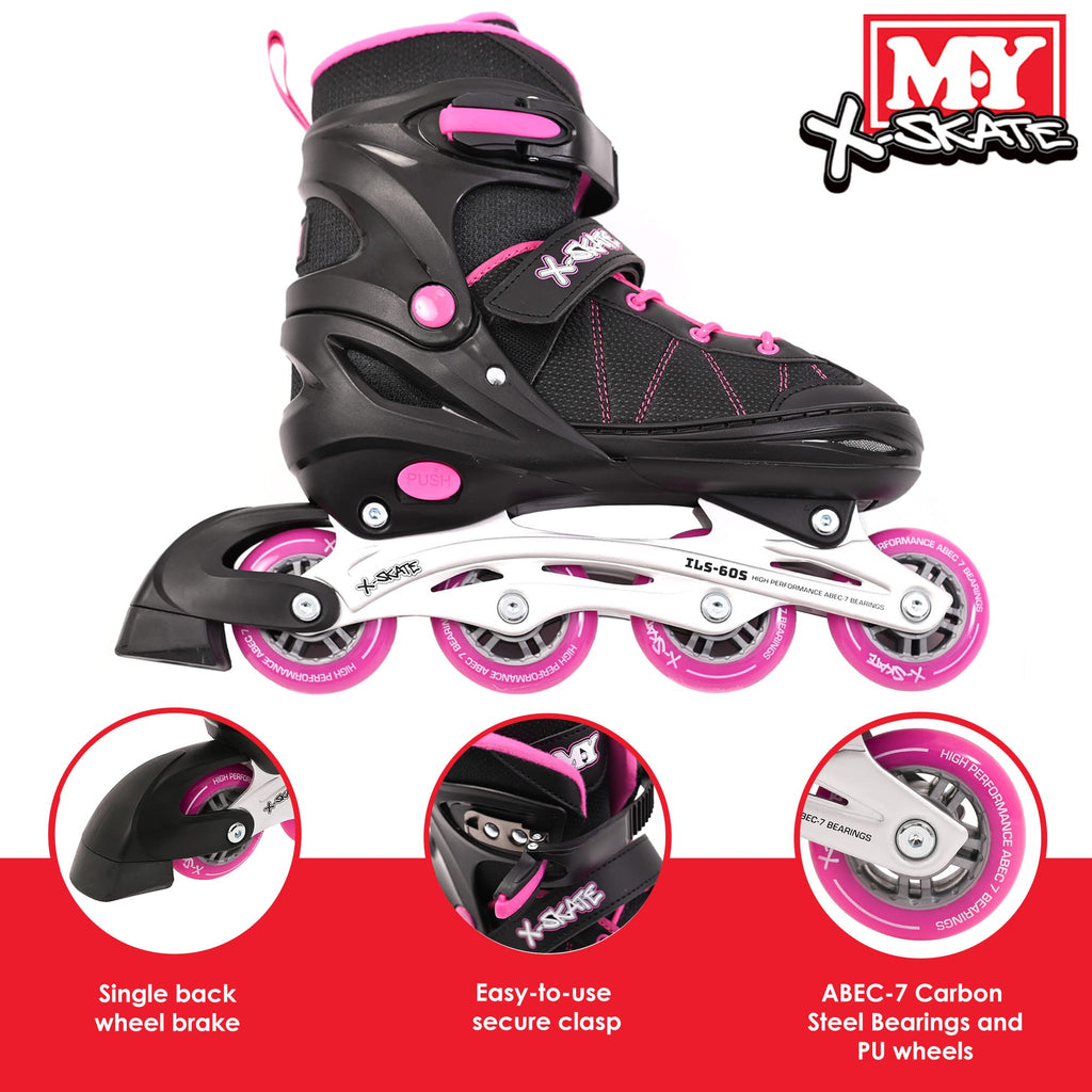 M.Y X-Skate Adjustable Pink Inline Roller Skates for Kids - Large