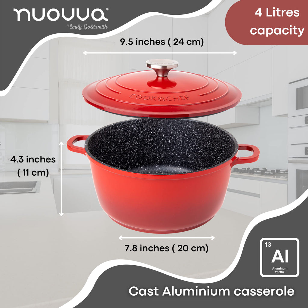 Nuovva Non-Stick Aluminium Dutch Oven – 4L Red Casserole Pot with Lid