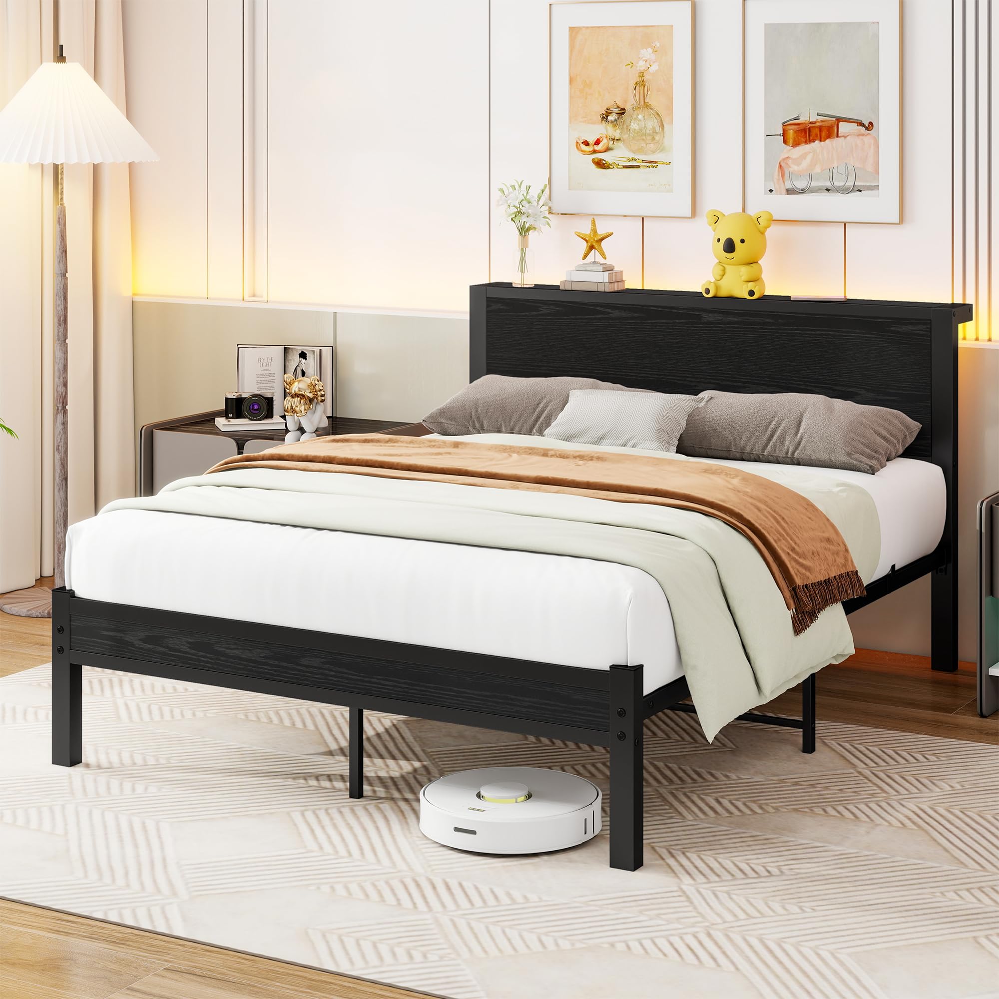 Diahomy Double Metal Platform Bed Frame with Wood Headboard & Storage