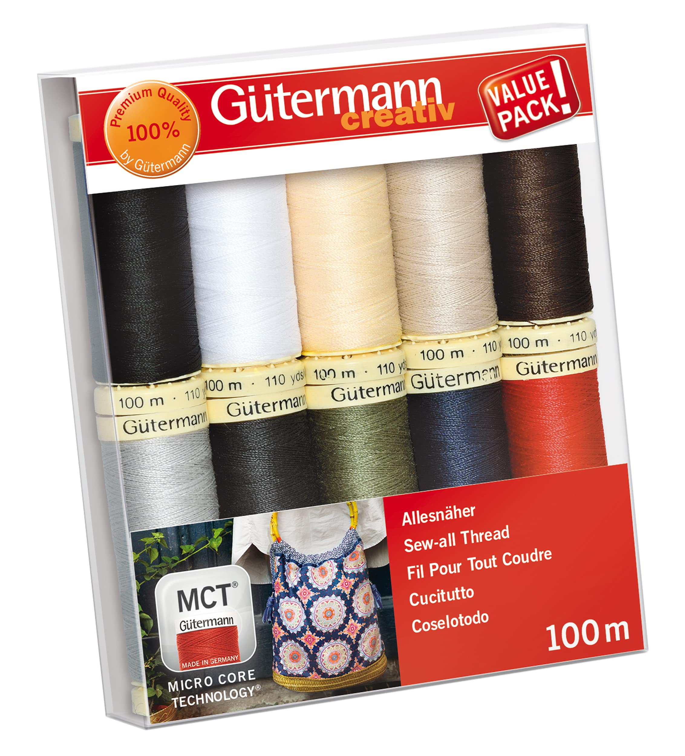 Gütermann Sew-all Thread Set | 10 Spools Basic Colors | 100m Polyester