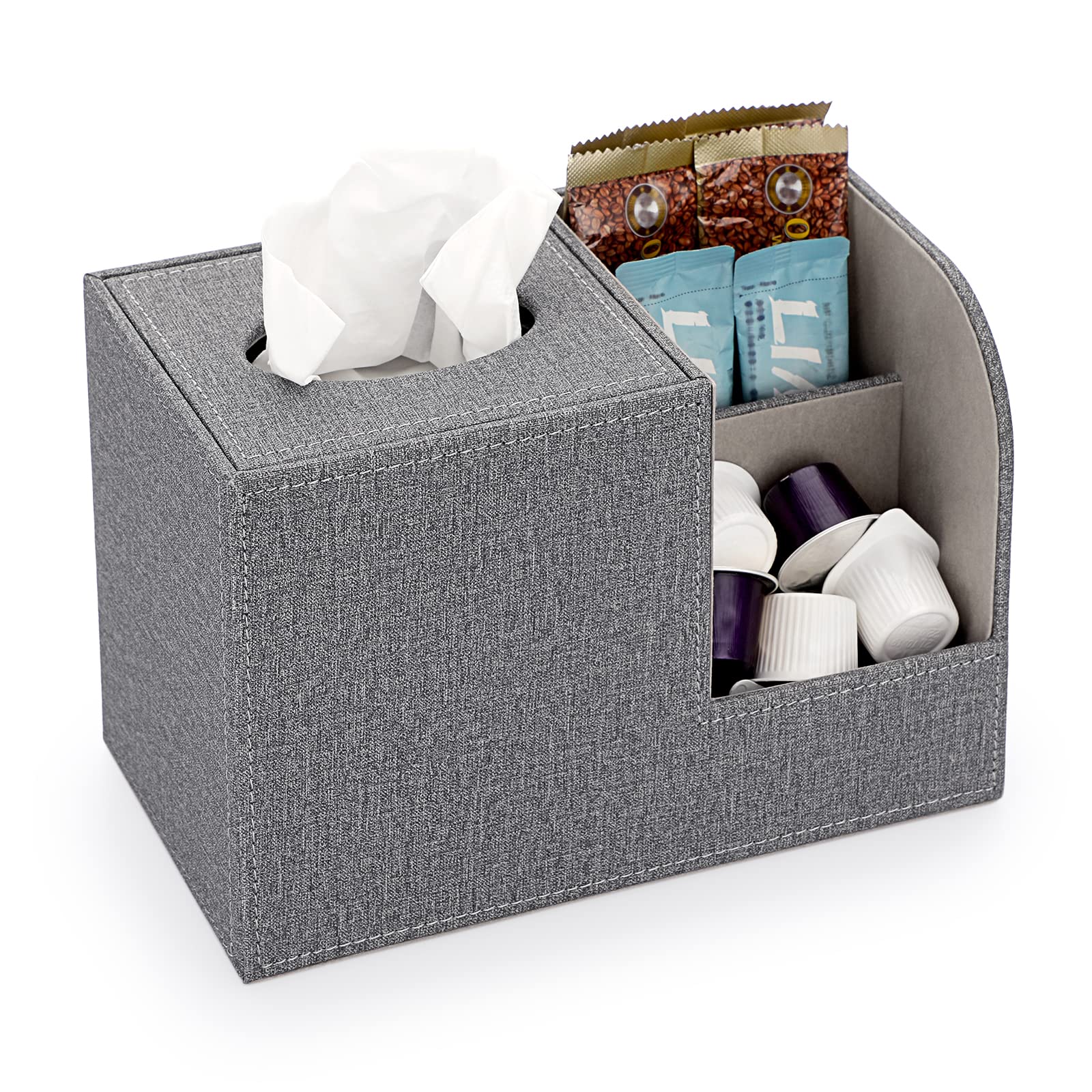 BTSKY Linen Square Tissue Box Holder with Side Pockets for Remote – Grey