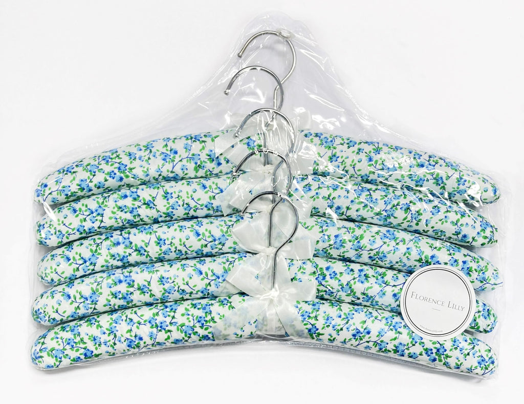 Pack of 5 Quality Padded Clothes Hangers ~ Several Patterns to choose from ... Blue Flower
