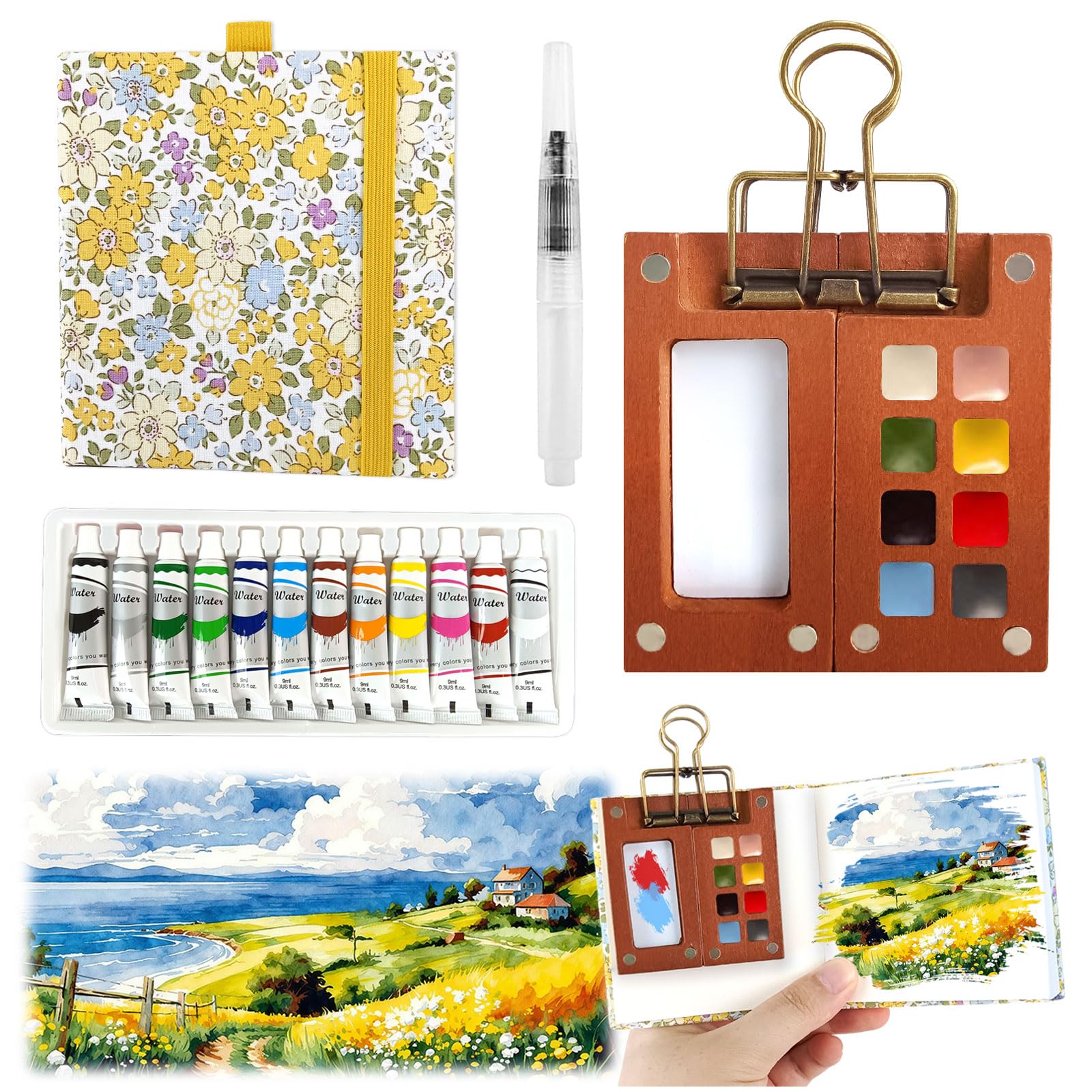 8-Grid Walnut Wooden Travel Watercolor Palette & Sketchbook Set