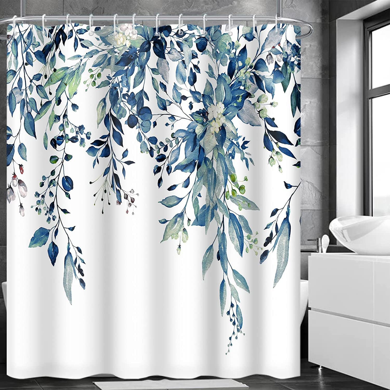 Mirrorang Blue Floral Shower Curtain | Waterproof Polyester with 12 Hooks