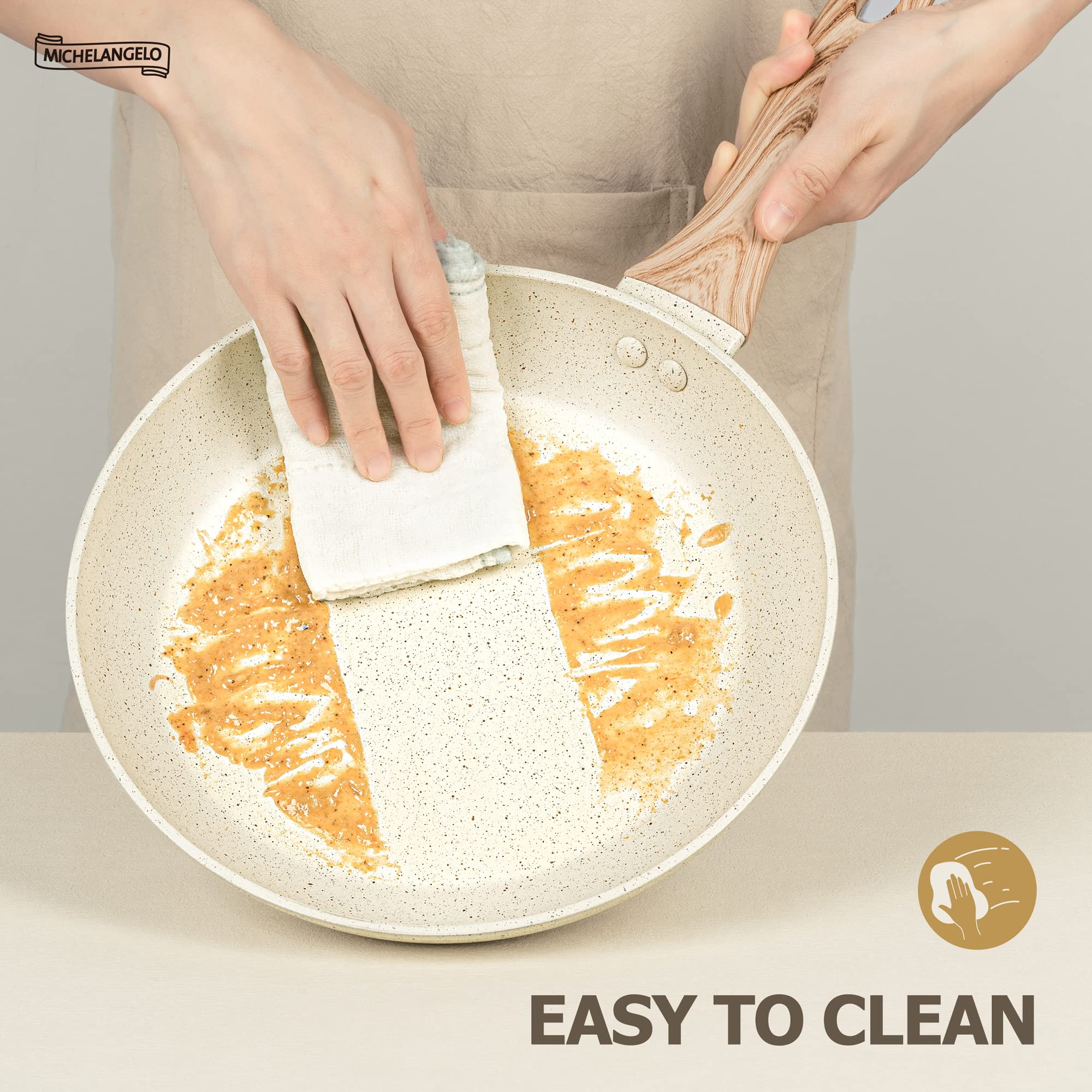 Michelangelo 26cm Nonstick Frying Pan with Lid | White Granite Stone