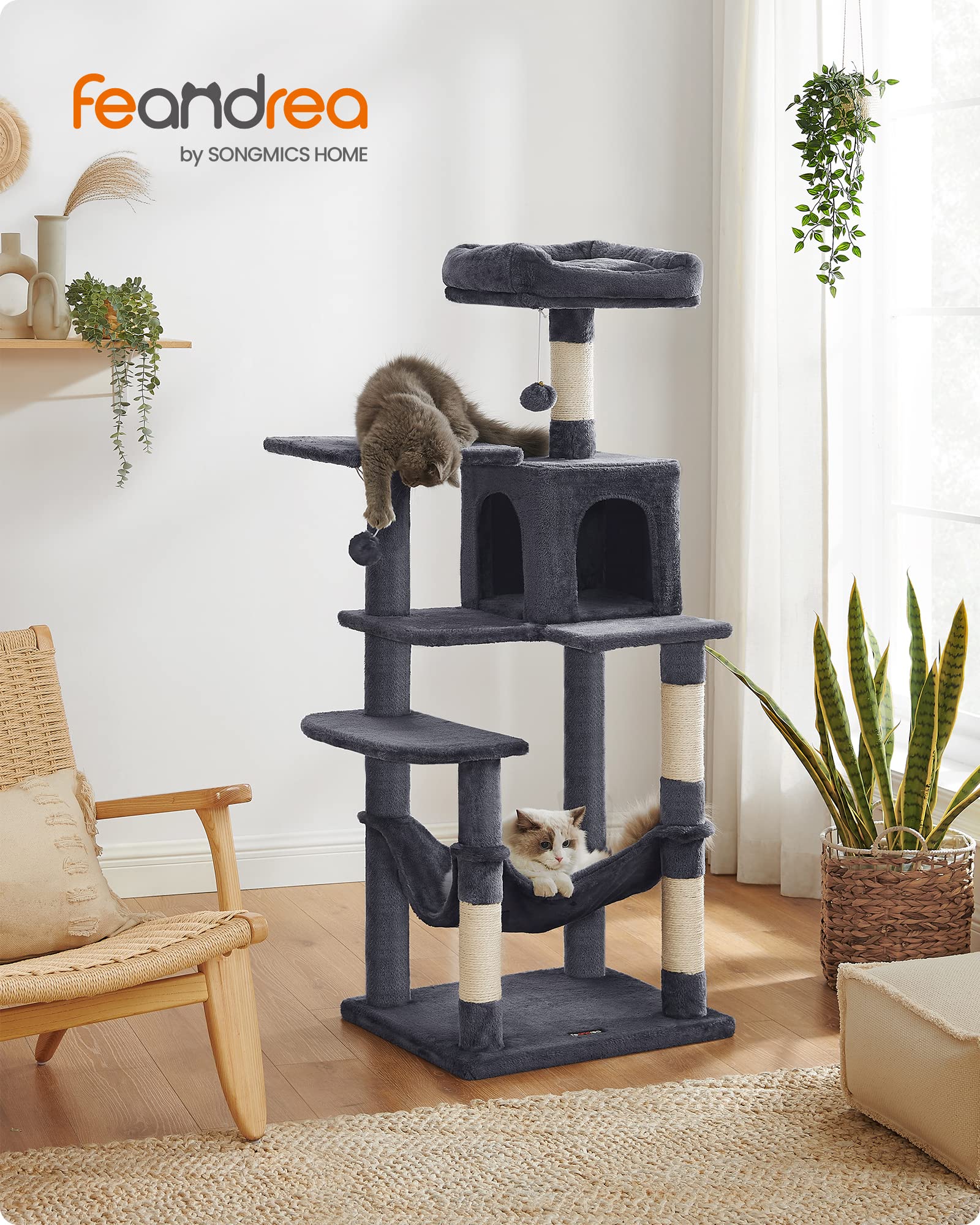 Feandrea 143cm Cat Tree | Multi-Level Plush Cat Tower with Condo & Hammock