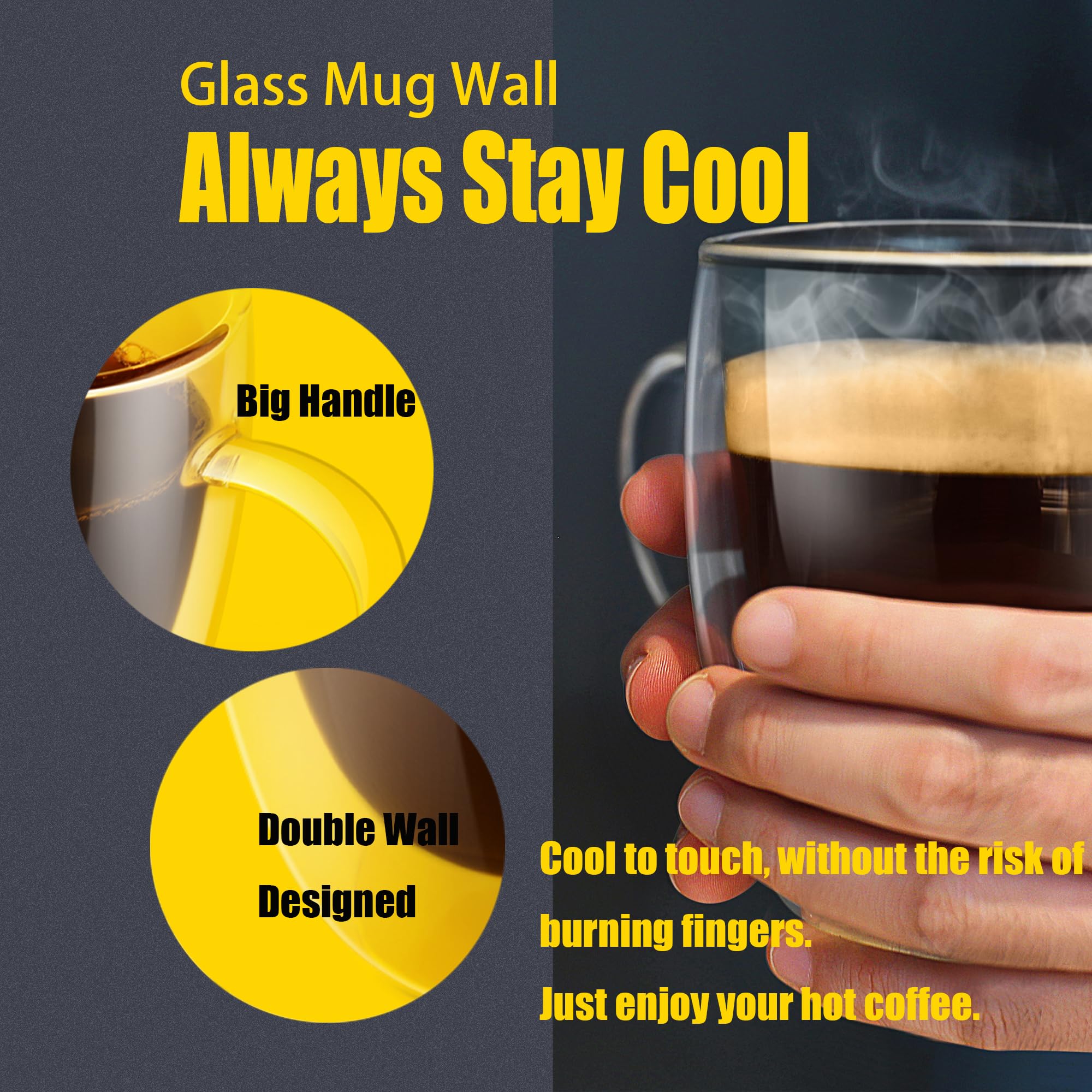 PunPun Double Wall Glass Coffee Mugs – Set of 4 Insulated Clear Cups