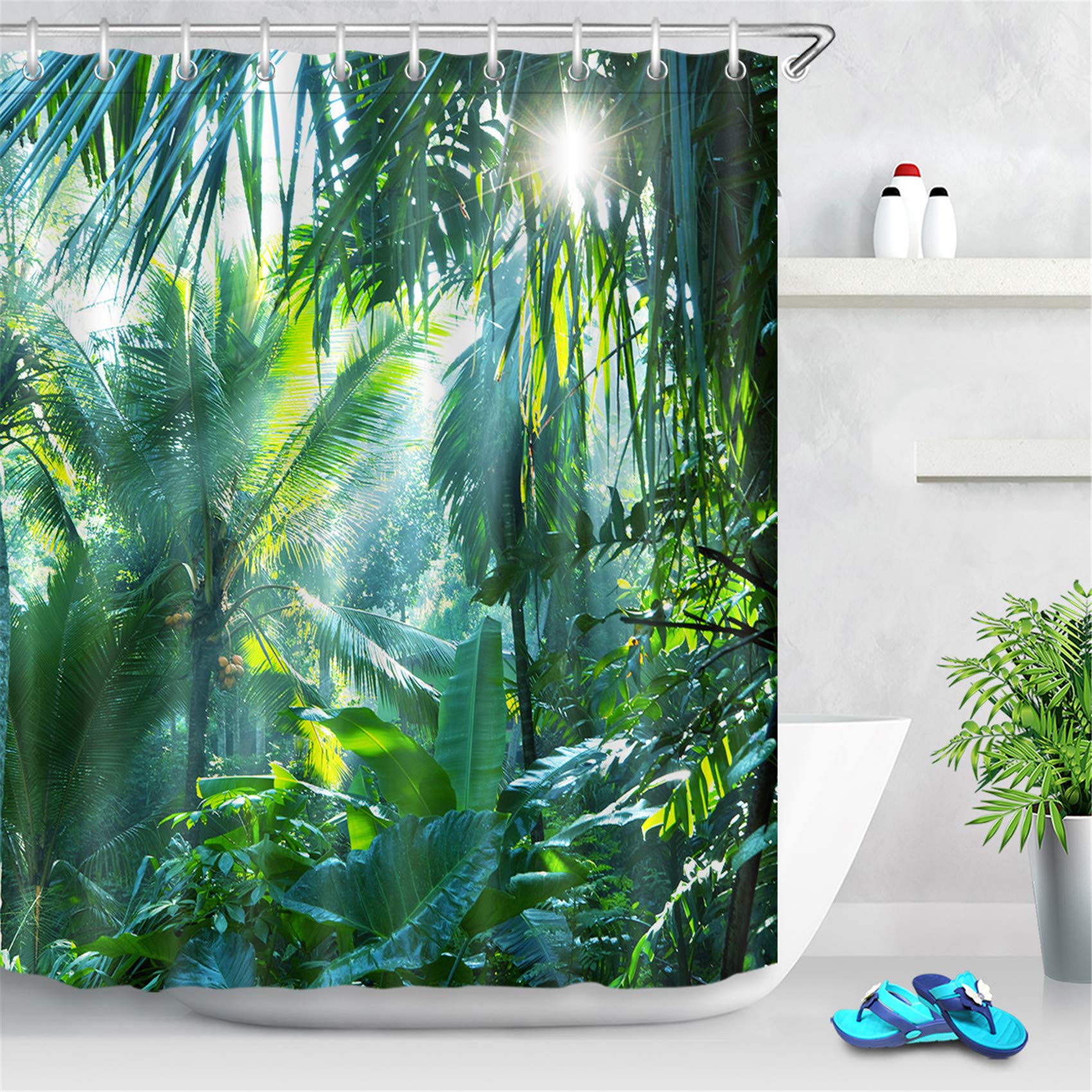 Jolof Store Tropical Banana Leaf Shower Curtain | Waterproof Green Jungle