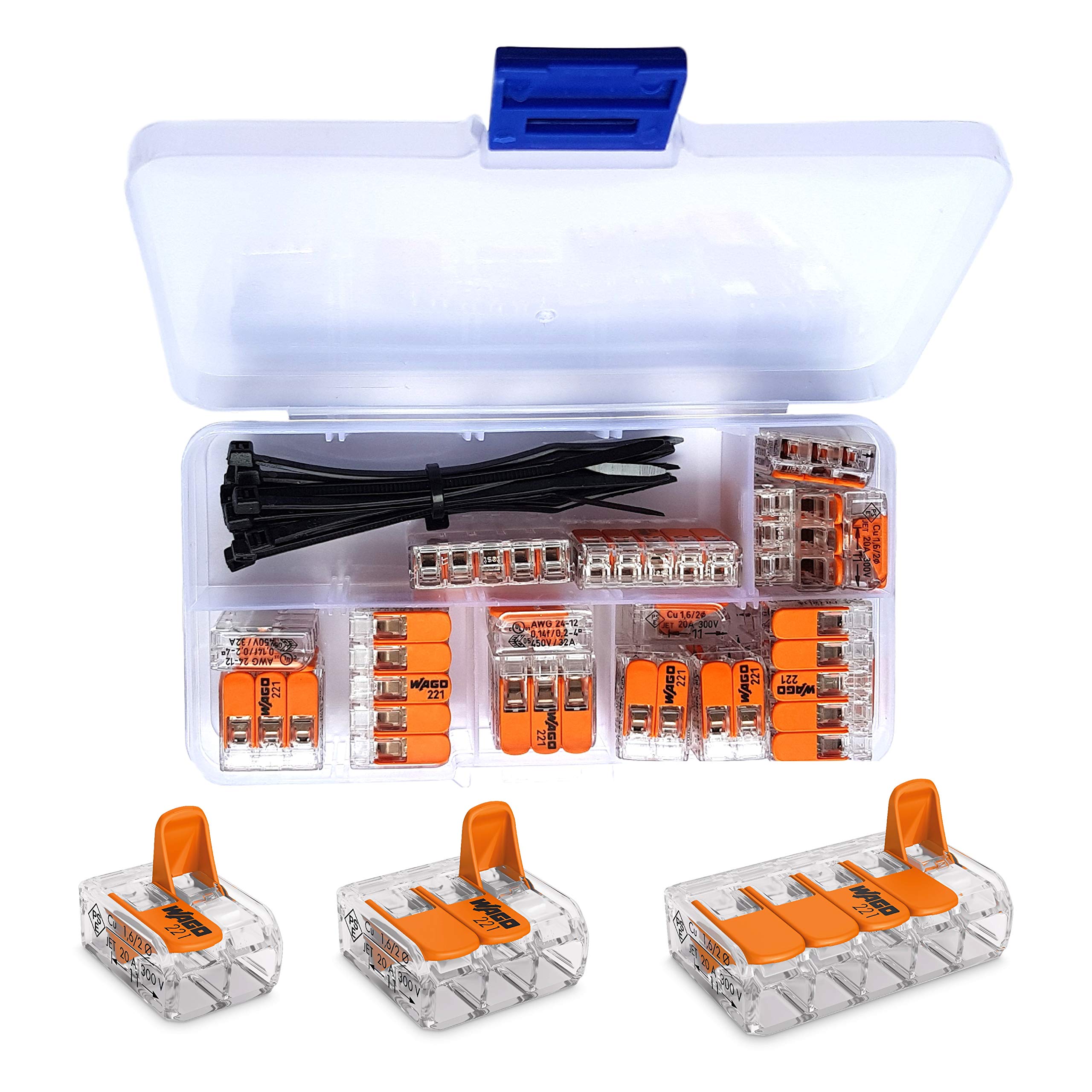 Wago 221 Compact Lever Connector Set - 25 Pieces with Zip Ties