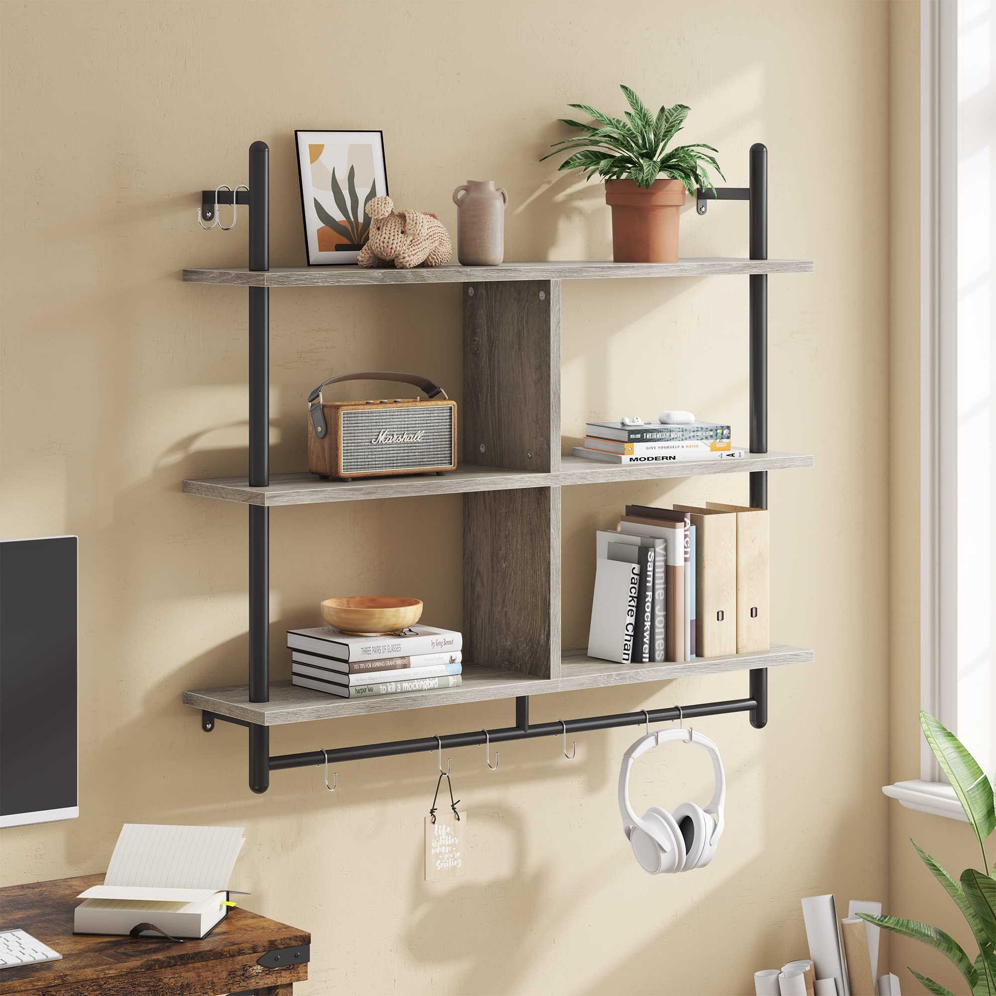 Bestier 115CM Industrial Pipe Shelving | 3-Tier Wall Mounted Ladder Shelf