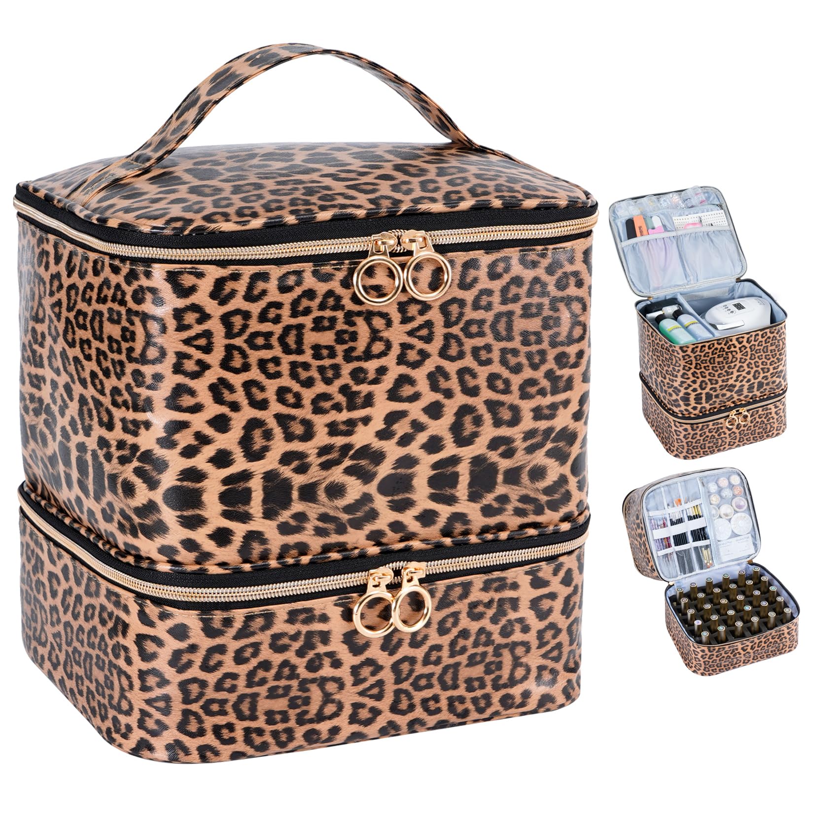 Uross Nail Polish Organizer Bag - 30 Bottle Two-Layer Case in Leopard