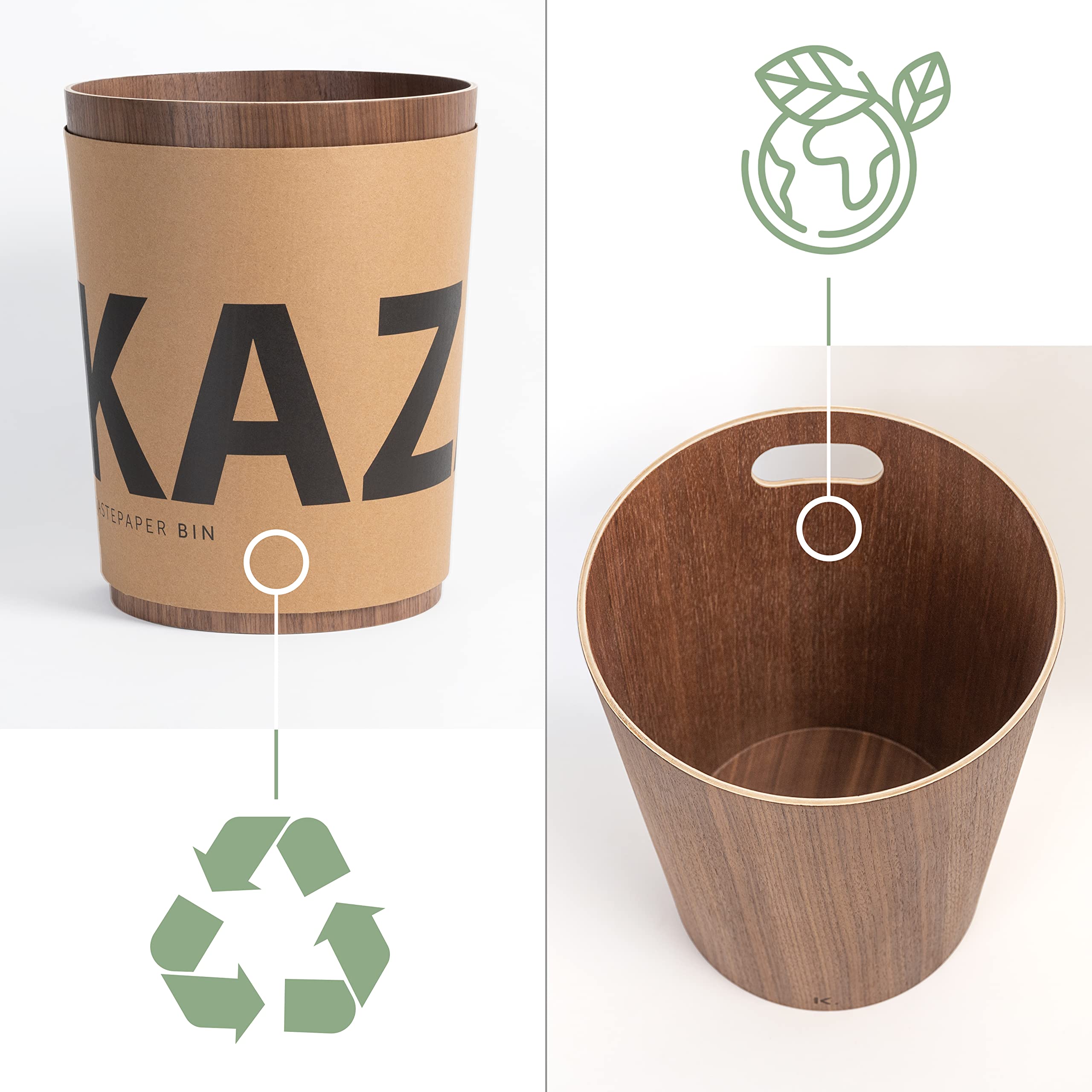 Kazai Börje Real Wood Waste Paper Bin – 9L Walnut Wooden Trash Basket