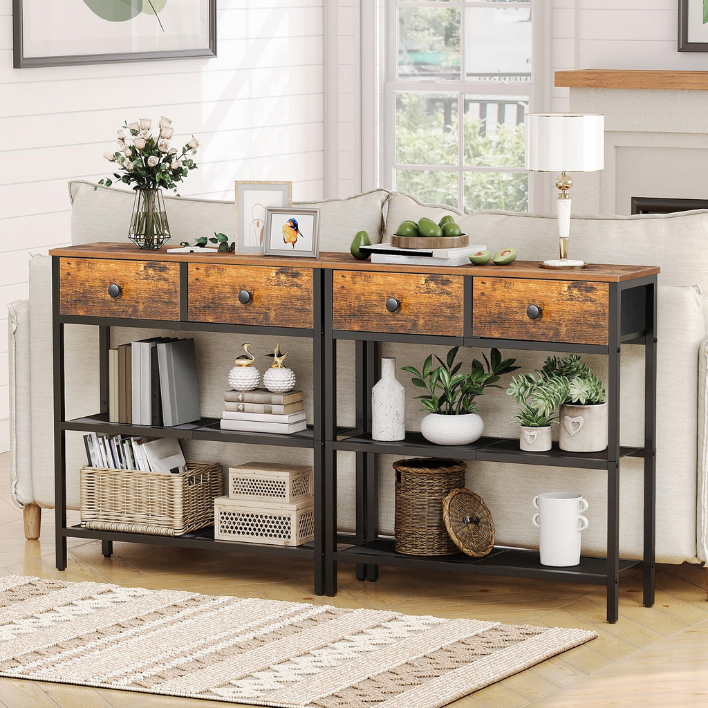 HOOBRO Slim Console Table – 3-Tier Industrial Hallway Table with Drawers