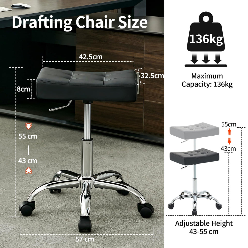 FIRAVOE Office Stool with Wheels 136 kg Capacity Adjustable Height 43.5–54.5 cm Black Faux Leather Workbench Stool - image 3