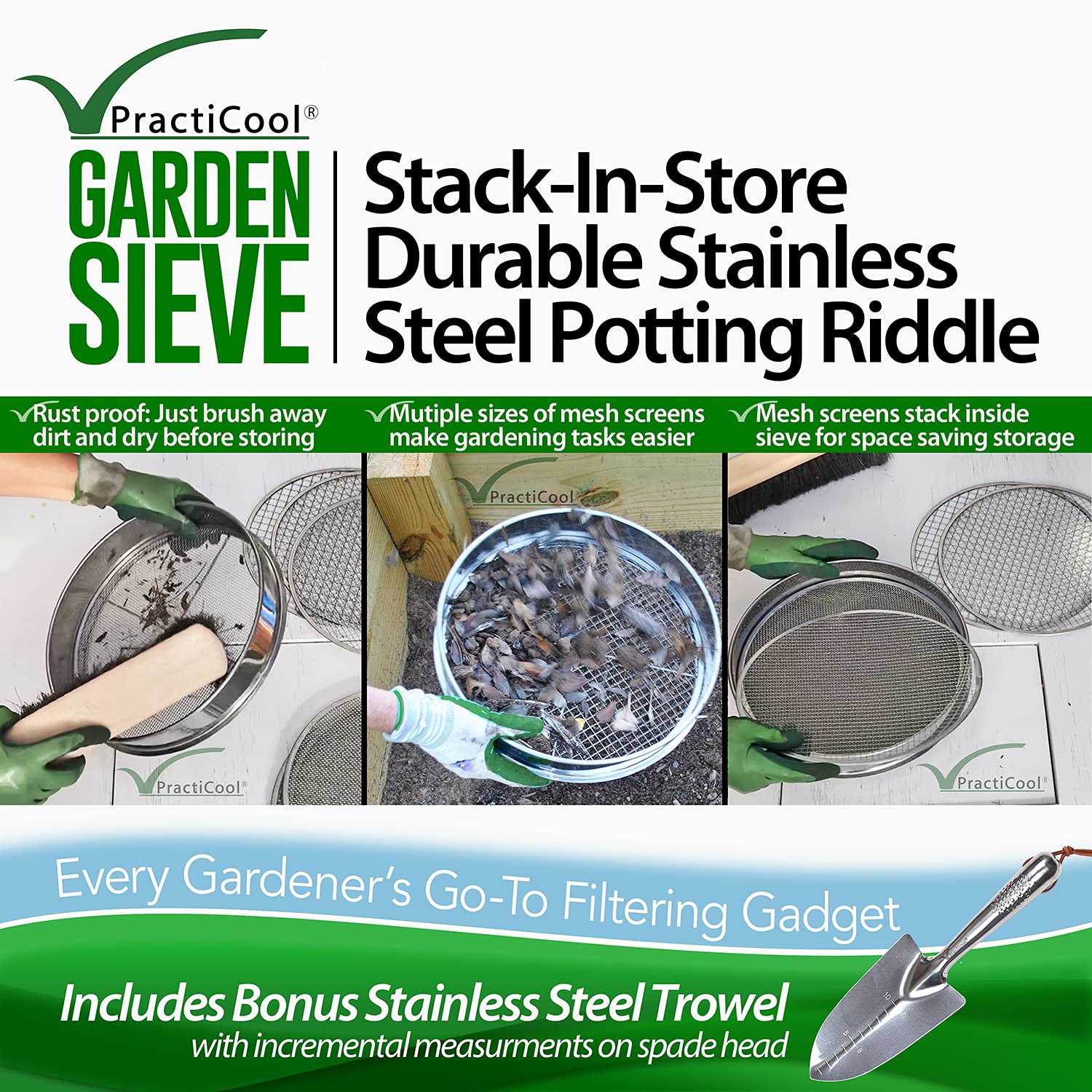 Practicool Stainless Steel Garden Sieve – 8 Mesh Sizes Soil Riddle