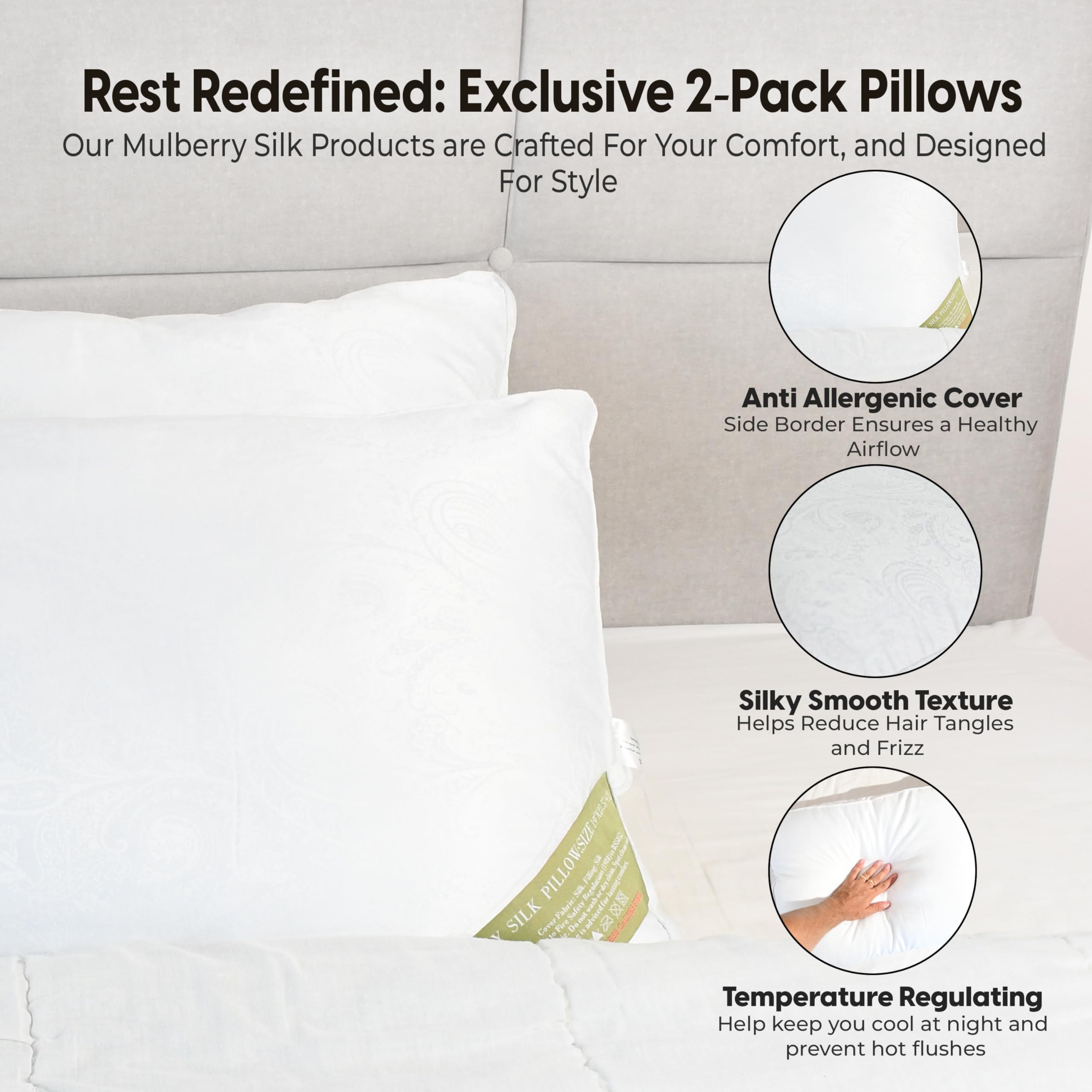 LuxBedCo Mulberry Silk Pillows 2 Pack – Soft Hotel Bedding Set