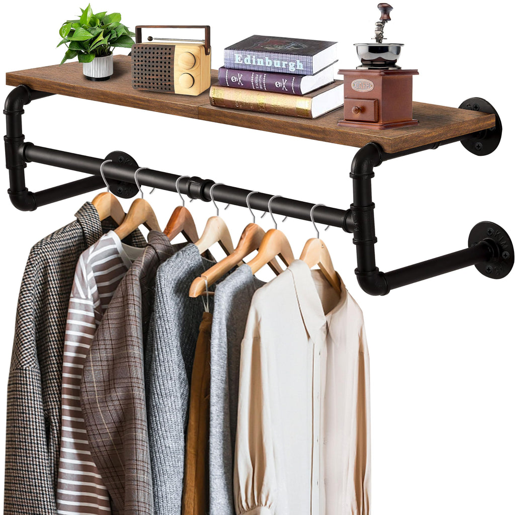 Industrial Pipe Clothes Rack with Wood Shelf – 70cm Wall Mount