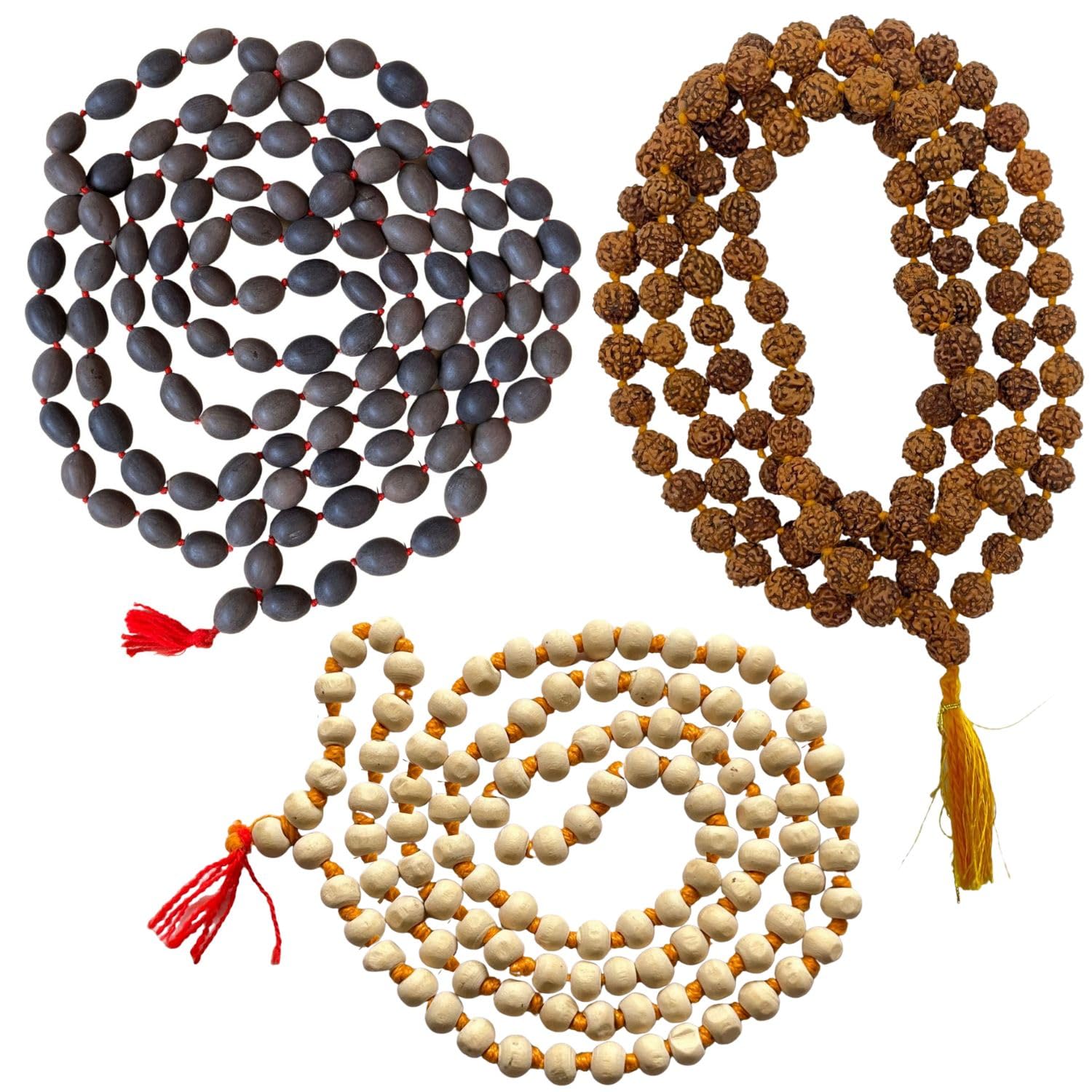 NAISHA Pack of 3: Rudraksha, Tulsi & Kamal Gatta Japa Mala Set