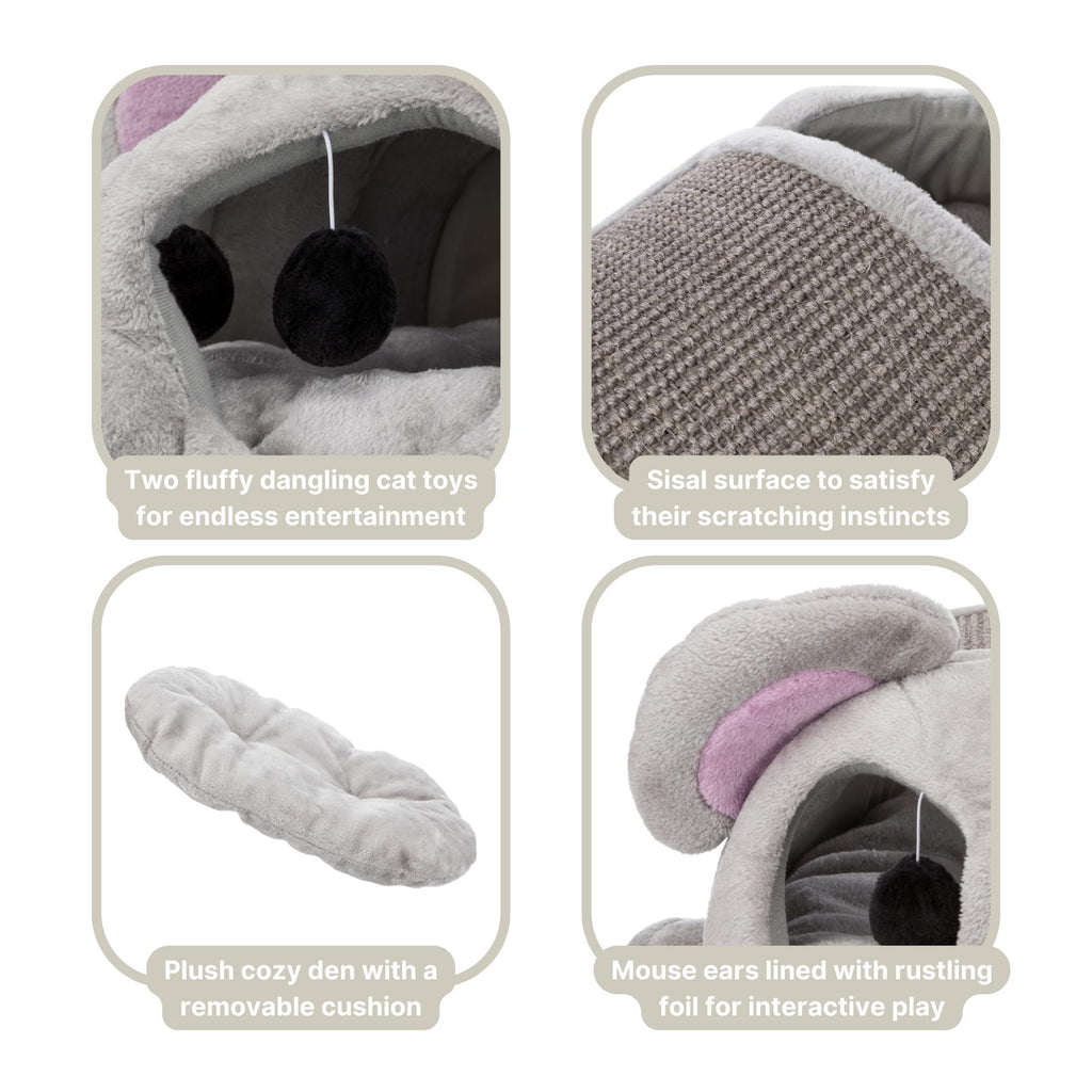 TRIXIE Lukas Cat Cuddly Cave – Grey Plush Bed with Sisal Scratcher