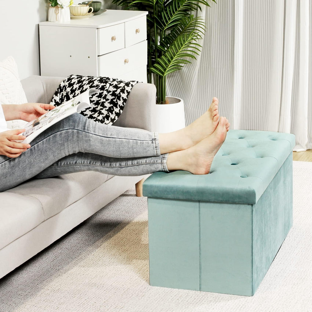 Bonlife Folding Velvet Ottoman Storage Bench - Green Toy Chest, 80cm