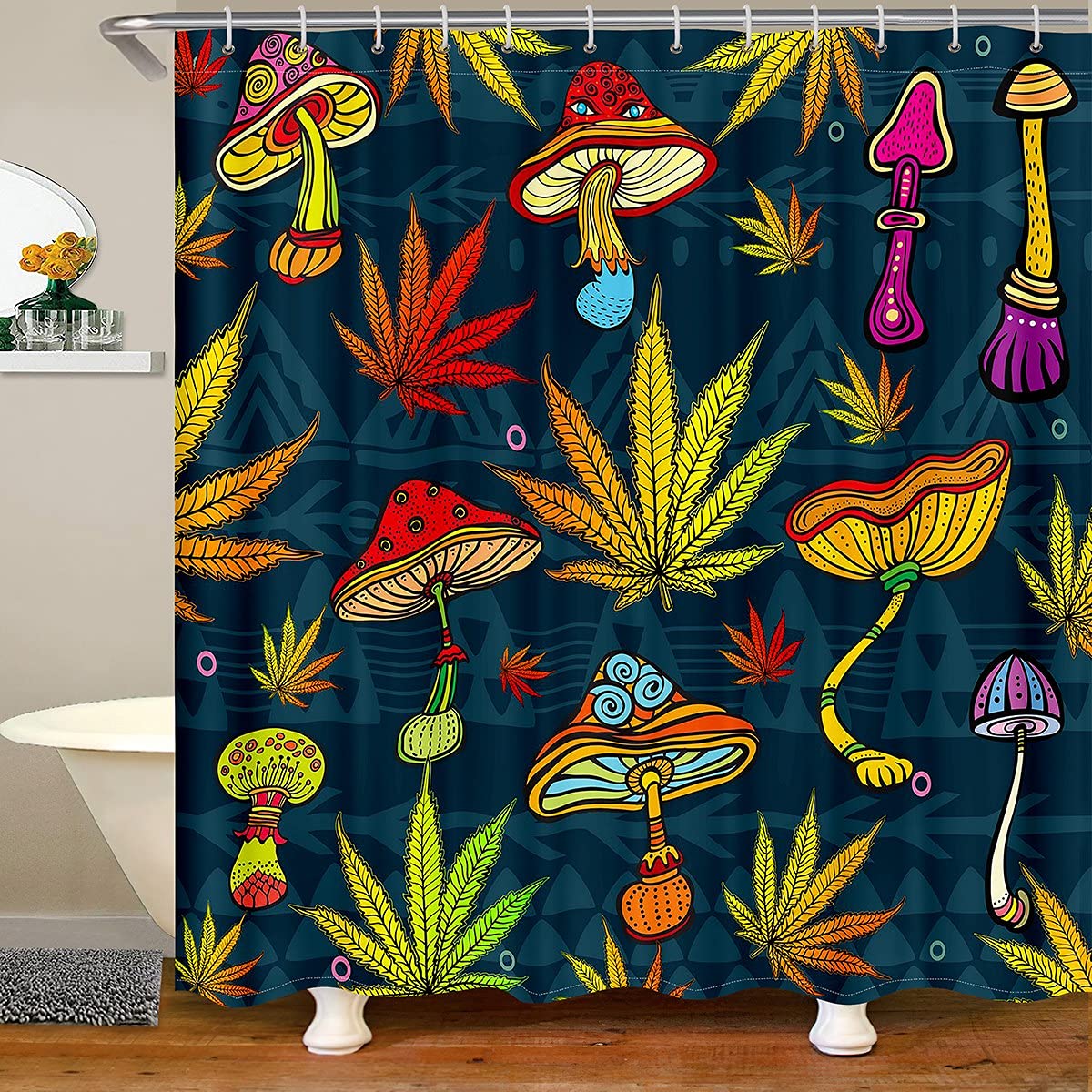 Trippy Mushroom & Marijuana Leaf Waterproof Shower Curtain