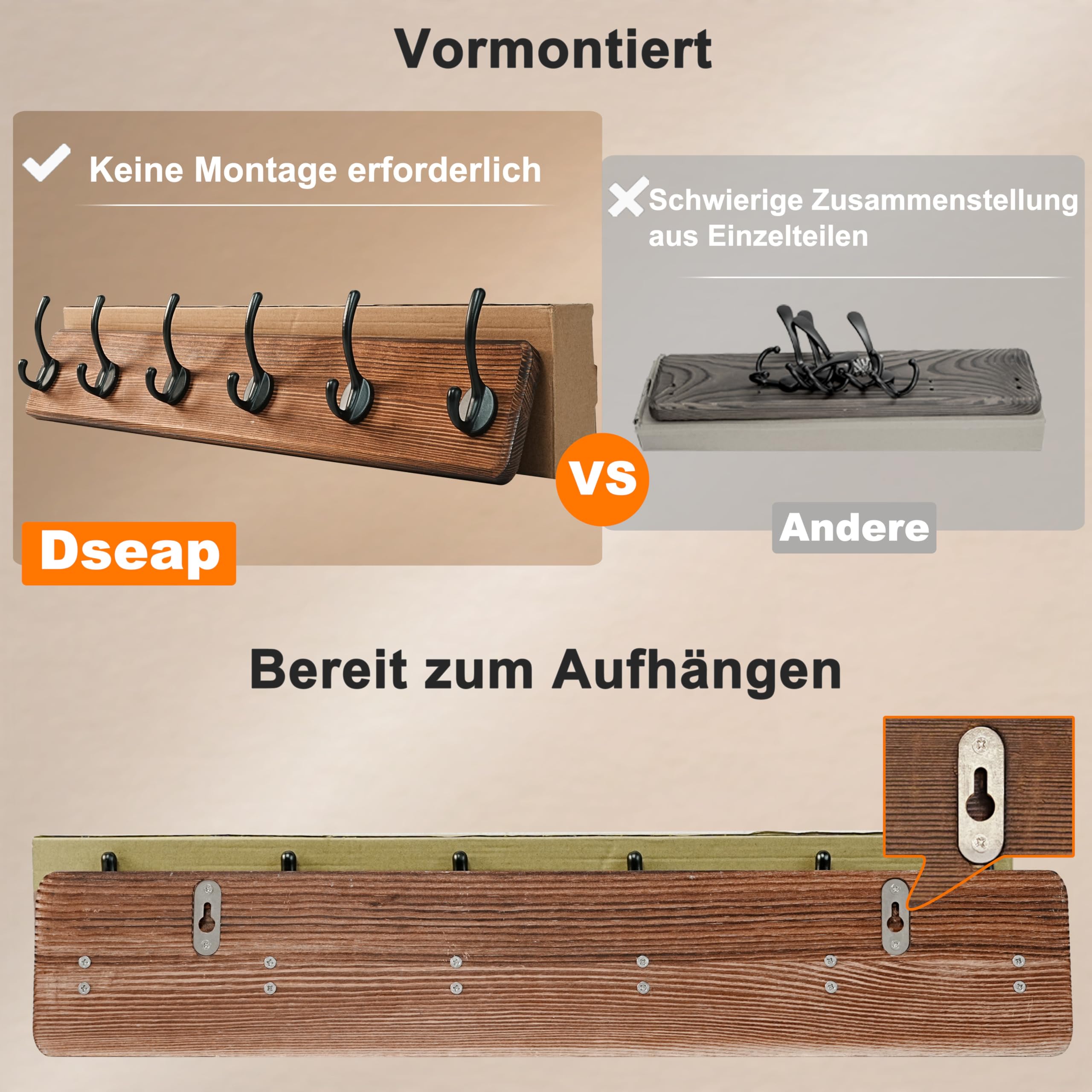 Dseap Heavy-Duty Wooden Wall Mounted Coat Rack - 97cm, 10 Hooks, 2 Pack