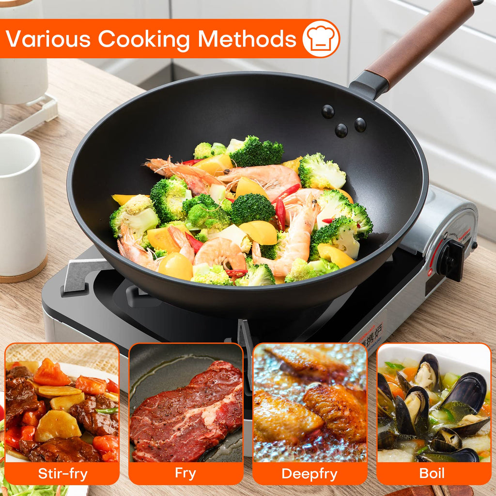 Jobin 33cm Pre-Seasoned Carbon Steel Wok with Lid | Non-Stick Frying Pan