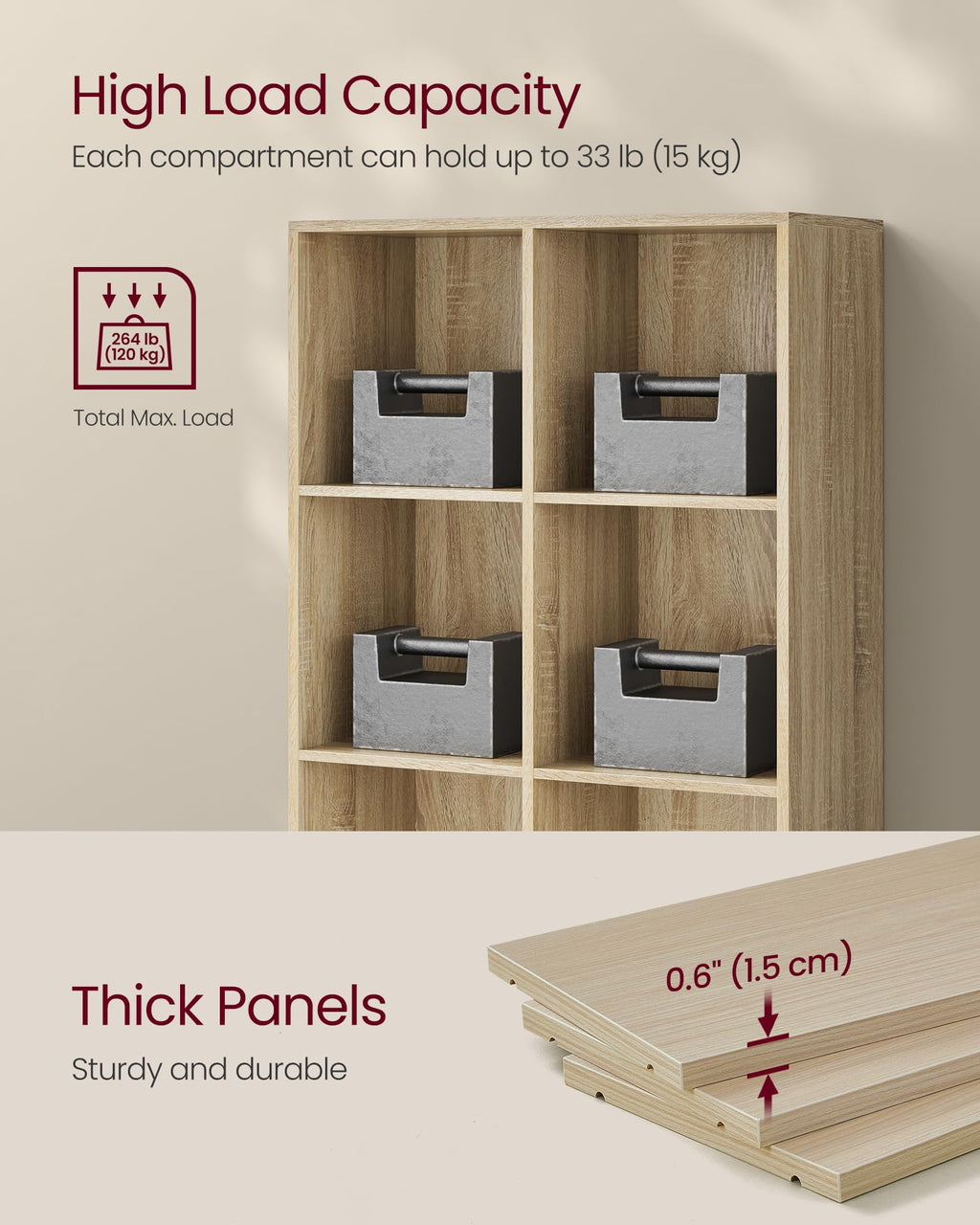 VASAGLE 8-Cube Wooden Bookcase – Freestanding Storage Shelf, Oak