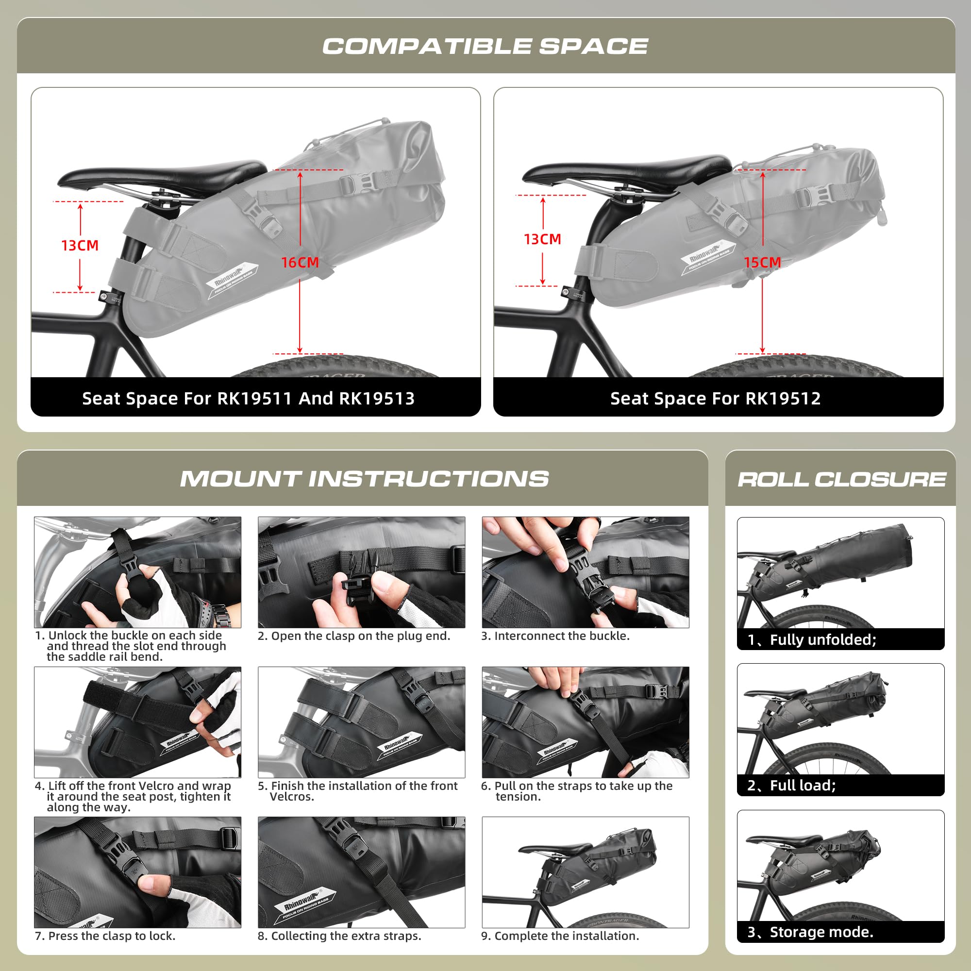 Rhinowalk Waterproof Bike Saddle Bag – 13L Large Cycling Seat Bag