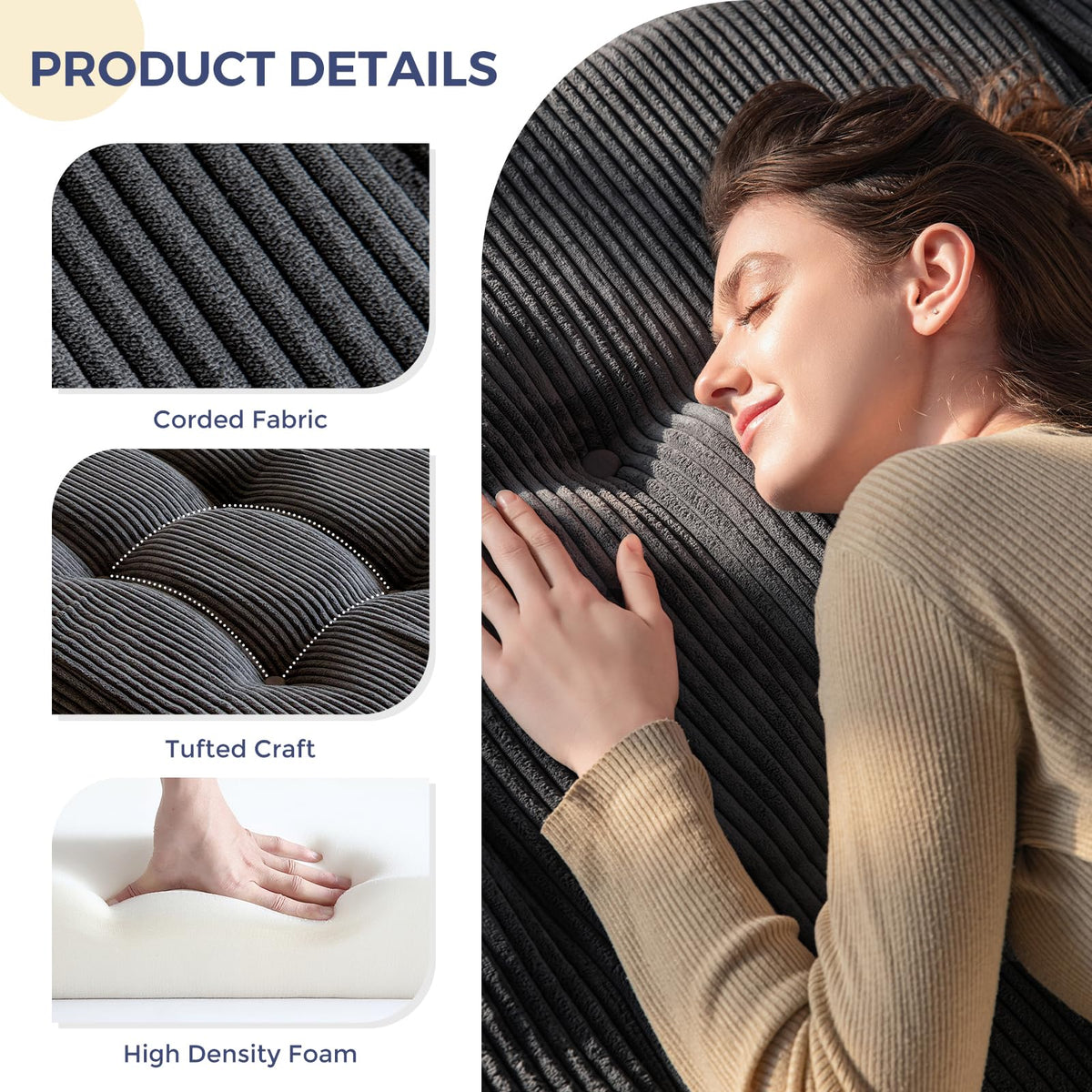 MAXYOYO Folding Mattress, Comfy Corduroy Foldable Mattress with 15cm Thicken Foam, Tri-Fold Floor Futon Sofa Bed for Guest,Dark gray,Double - image 4