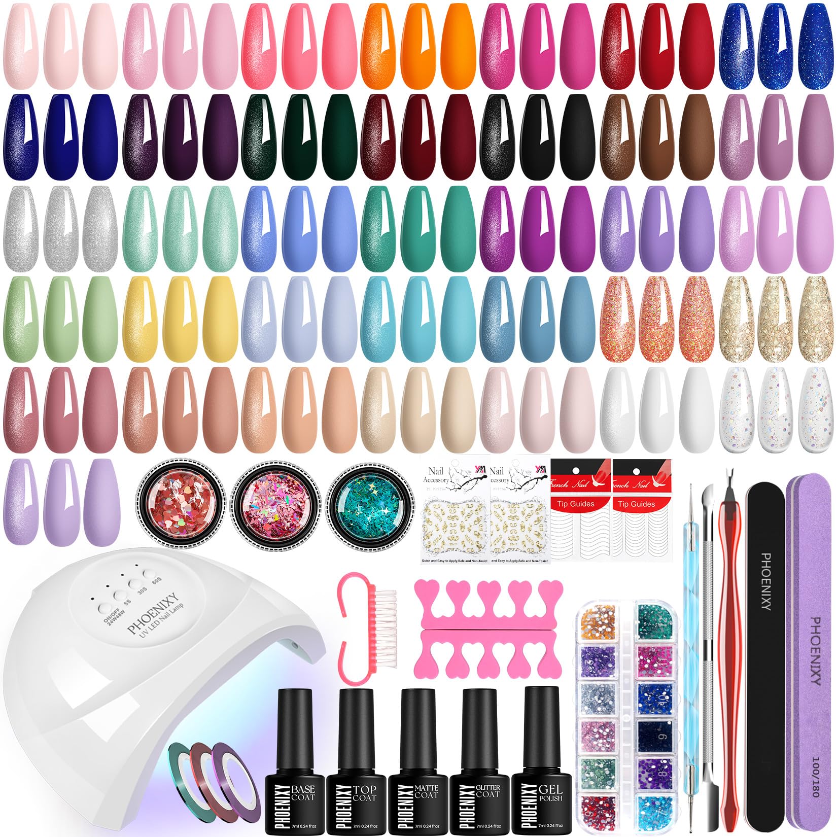 Phoenixy 60PCS Gel Nail Polish Kit with 48W UV LED Lamp and 36 Colors