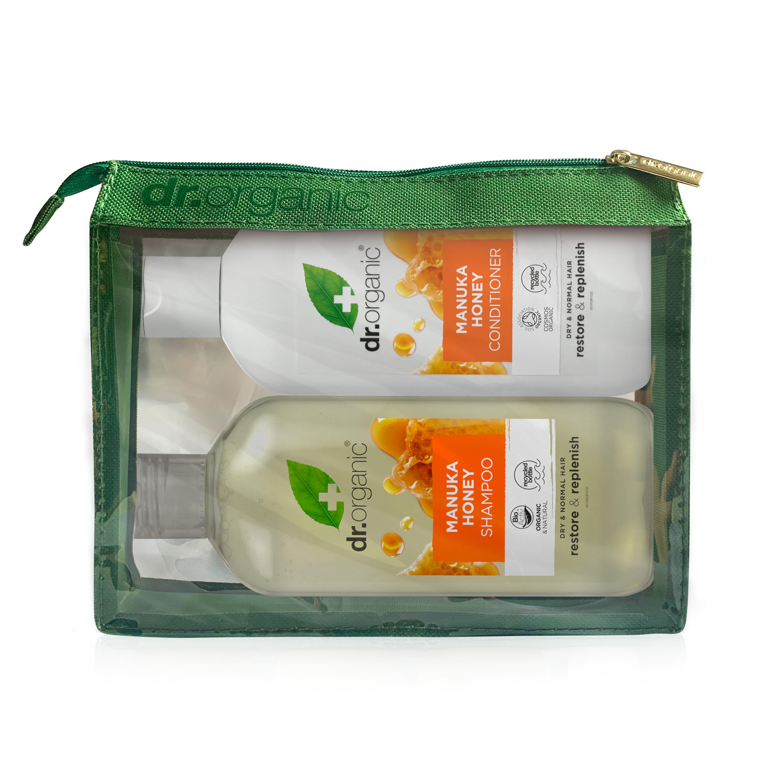 Dr Organic Manuka Honey Shampoo & Conditioner Set for Dry Hair with Travel Bag