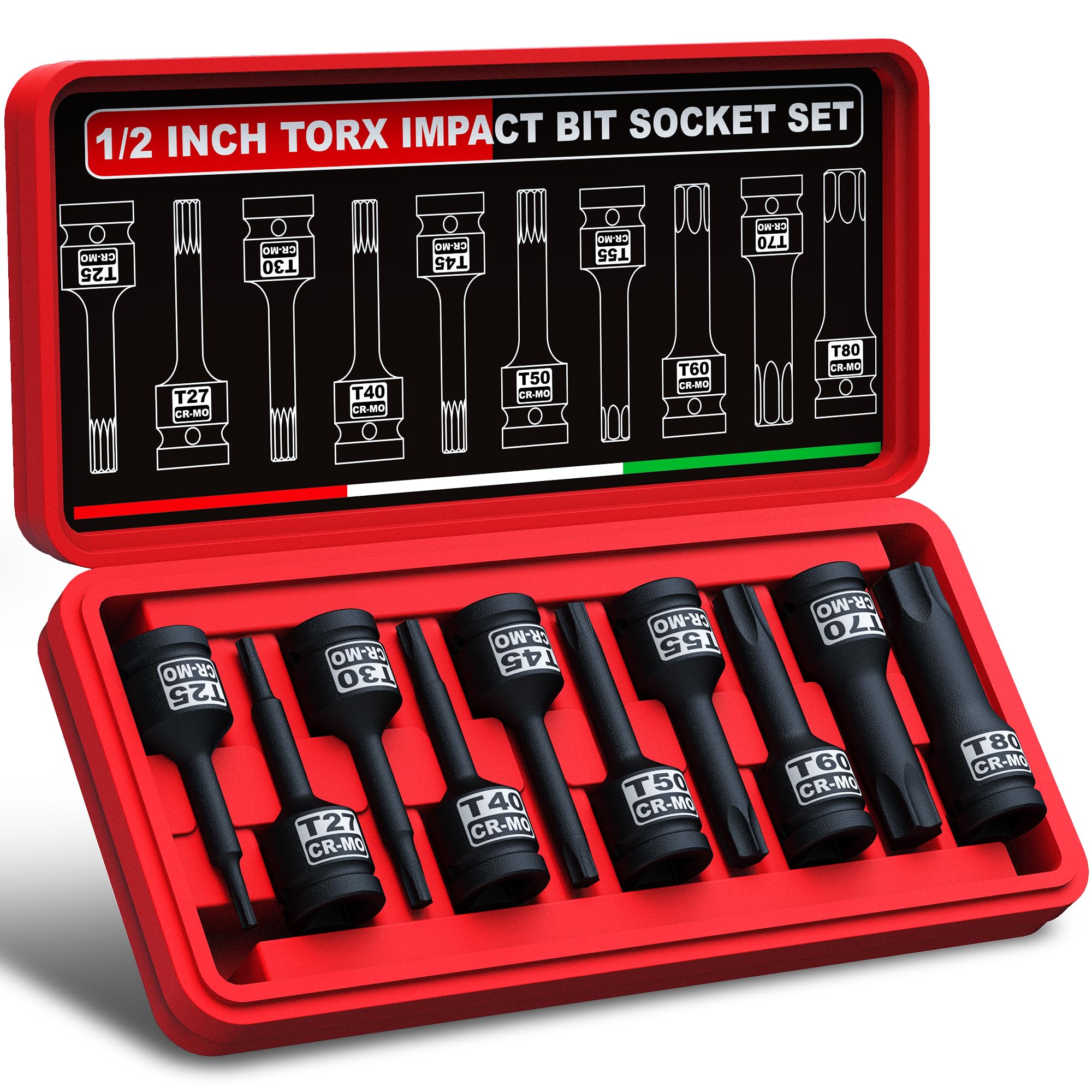 KIRXST 1/2 Inch Impact Torx Bit Socket Set | T25-T80 Star Bits, 10pc