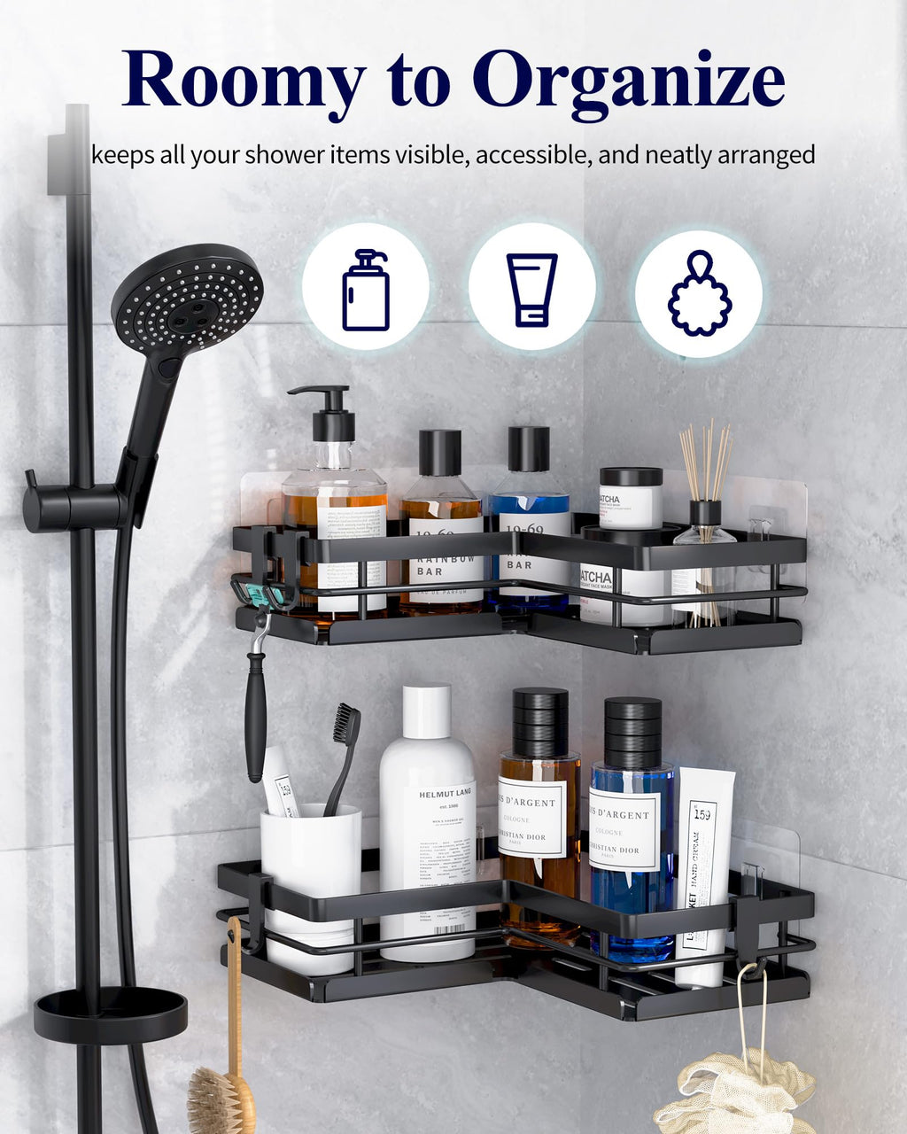 Kitsure Corner Shower Caddy – 2-Pack Adhesive Bathroom Shelves, Black, L