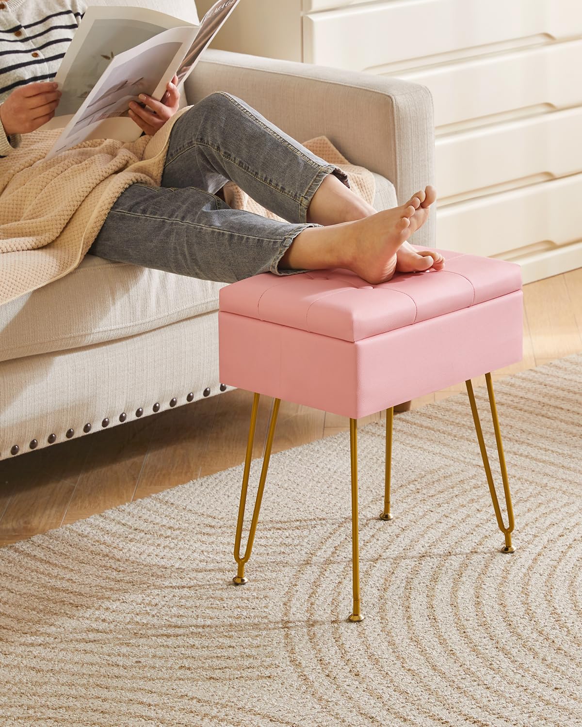 IBUYKE Storage Vanity Stool | PU Leather Ottoman with Flip Tabletop